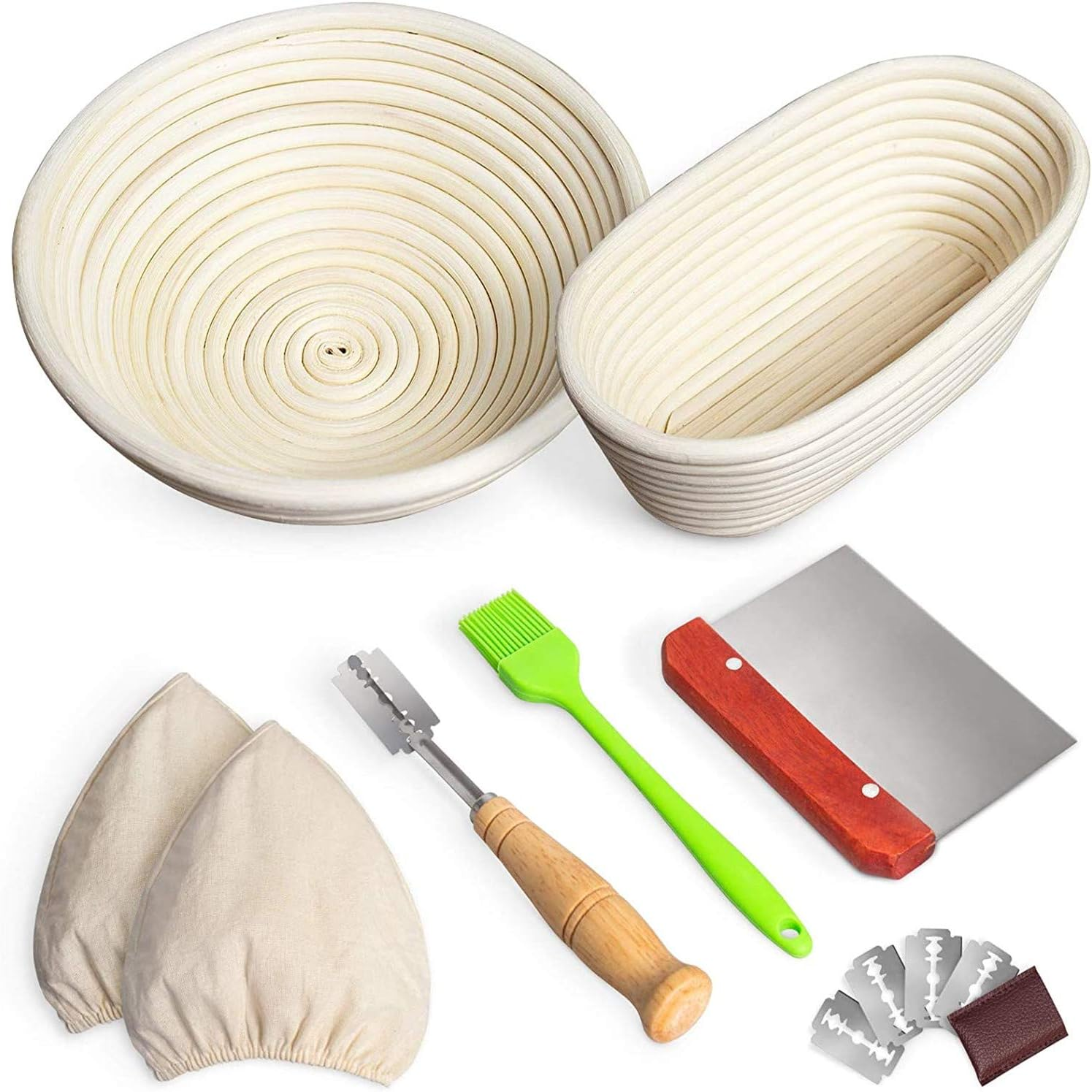 Bread Proofing Basket, Set of 2, 9 Inch round and 10 Inch Oval Banneton Sourdough Baskets with Bread Lame + Dough Scraper + Linen Insert + Pastry Brush for Bread Making, Baking Fermentation