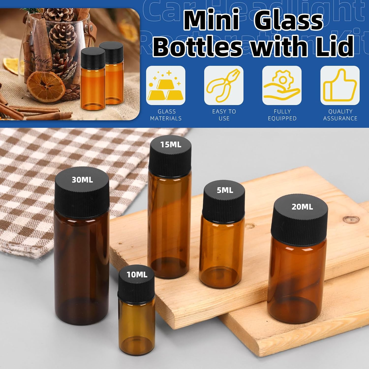 Glarks 38Pcs 5ML 10ML 15ML 20ML 30ML Brown Glass Vials with Black Screw Caps, Small Liquid Sample Vial, Leak-Proof Vial with Dropper and Small Funnel Set