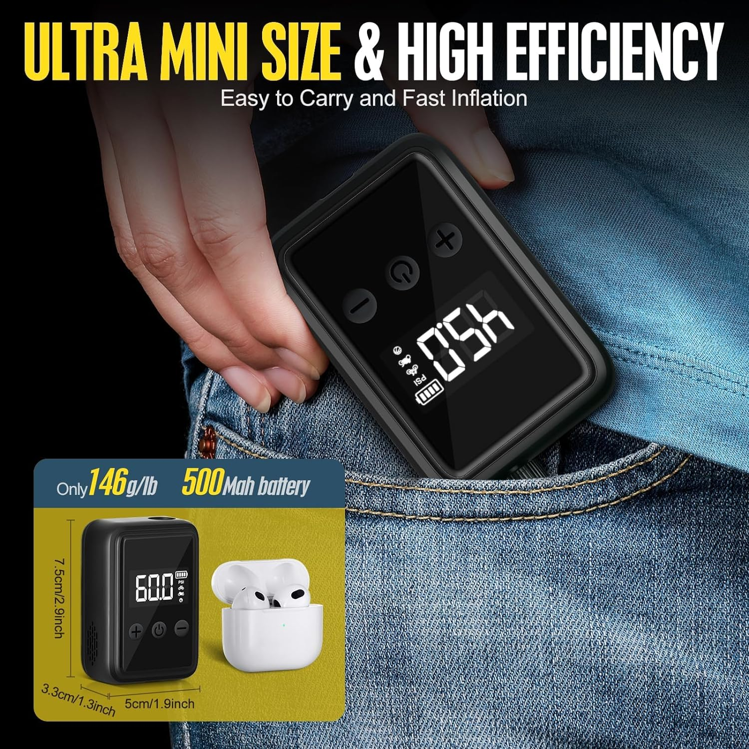 Bike Pump Electric Portable Bicycle Pump, 120 PSI Mini Tire Pump with Digital PSI Pressure Gauge, Tire Inflator Bike Air Pump Auto Shut-Off with Presta, Schrader Valve, 500Mah image number 5