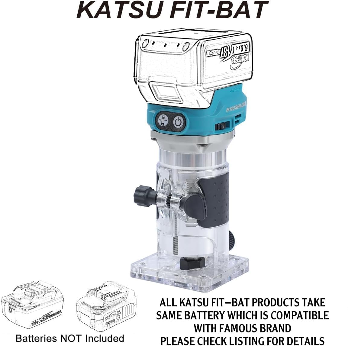 Katsu Fit-Bat 102770 18 V/21 V Brushless Cordless Router Wood Router Edge Milling Cutter with Trimmer Base, 3 Collets 1/4 Inch, 6 Mm and 8 Mm, without Battery and Charger image number 6