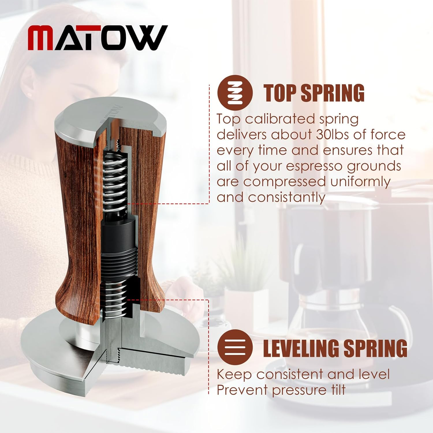 MATOW 58.5Mm Espresso Hand Tamper, Dual Calibrated Spring Loaded Coffee Tamper with Stainless Steel Ripple Base, Pro-Barista 30Lbs Espresso Tamper with Red Rosewood Handle Fits 58Mm Portafilter image number 2