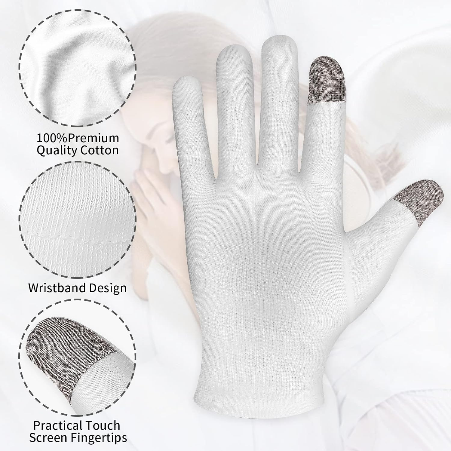 Sibba 3 Pairs Touch Screen Moisturizing Gloves White Cotton Moisturizing Gloves Overnight Bedtime Heal Eczema Sleeping Lotion Hand Spa Treatment Gloves Repair Rough Cracked Dry Chapped Hands Skin image number 6
