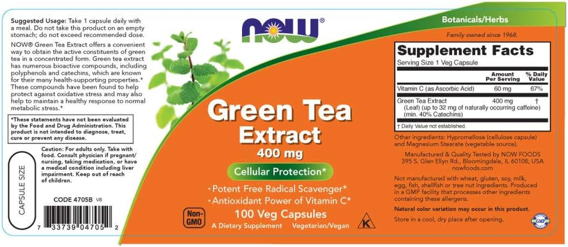 NOW Supplements, Green Tea Extract 400 Mg, 100 Veg Capsules image number 5
