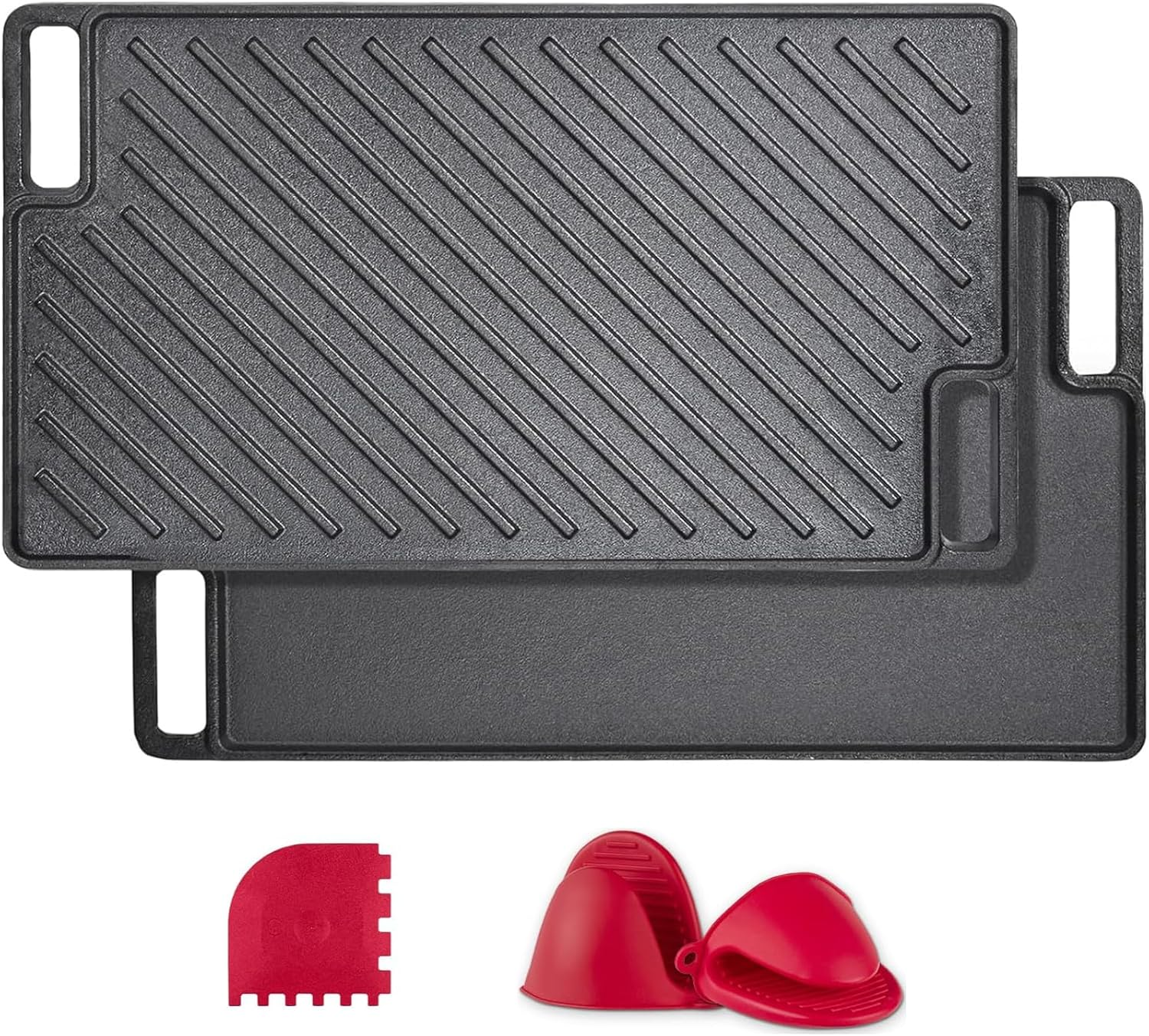 Aping Cast Iron Griddle, Nonstick Reversible Griddle Pan with Scraper & Mitts for Gas Grill, Cast Iron Griddle Plate for Gas Stove Top, Oven, Outdoor Grill or Campfire,18'' X 10.2'' image number 5