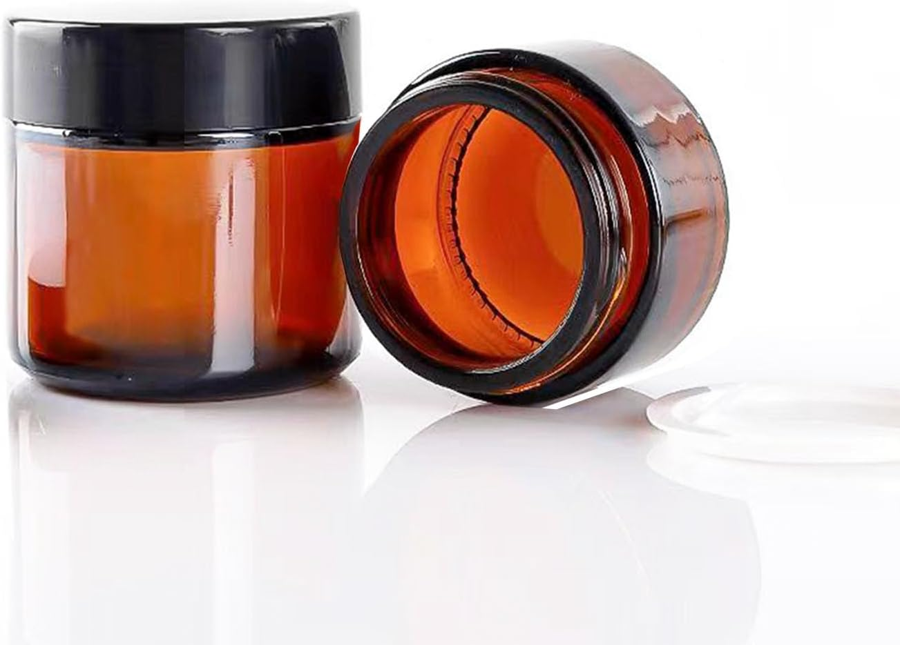 BEGIKET 4 Pack 2 Oz Amber Glass Jars with Lids，60Ml Empty round Glass Jar with Inner Liners and Black Lids,Cosmetic Containers for Storing Cream,Ointments,Lotion (Amber - Black Lid) - Clear - Black Lid image number 7