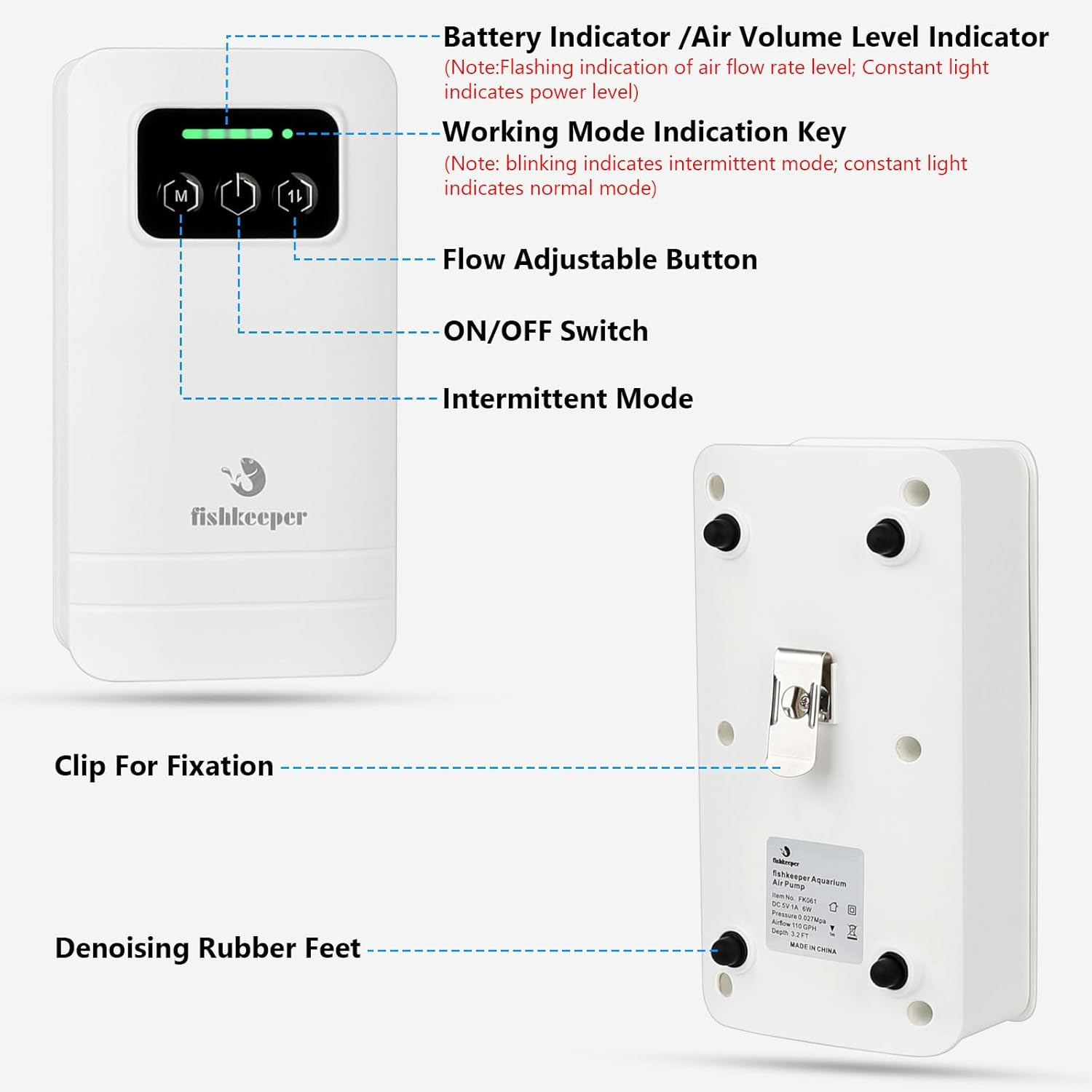 Fishkeeper Aquarium Air Pump, USB Rechargeable Lithium Battery Powered Fish Tank Pump for 5-210 Gallons Portable Aquarium Bubbler Aerator for Outdoor Fishing, Power Outages and Emergency (4W/6W) image number 1