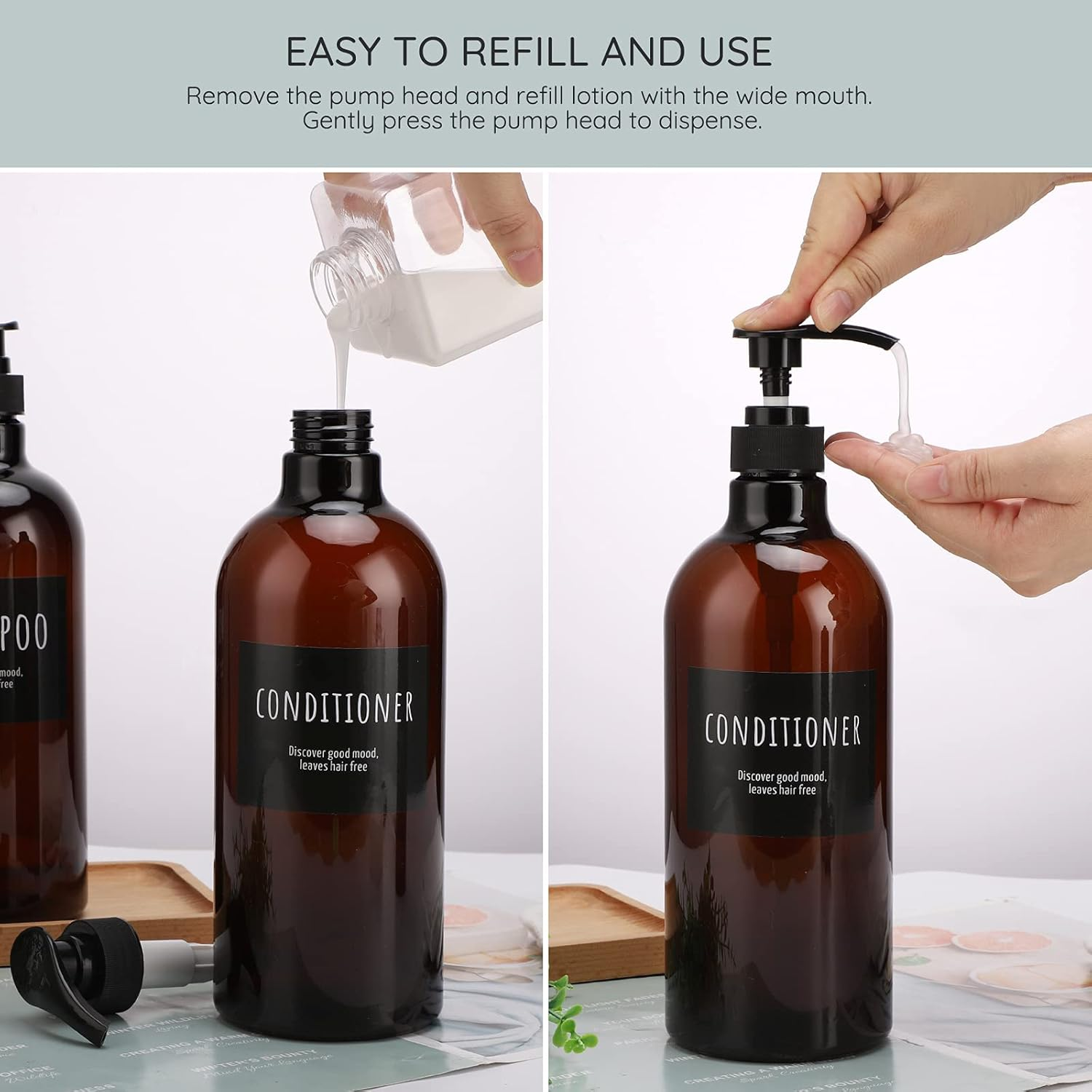 Segbeauty 32Oz Refillable Shampoo Bottles, Empty Shampoo and Conditioner Bottle with Pump, 3Pcs 1 Liter Lotion Dispenser for Body Soap Conditioner, Labeled Brown Plastic Press Dispenser image number 3