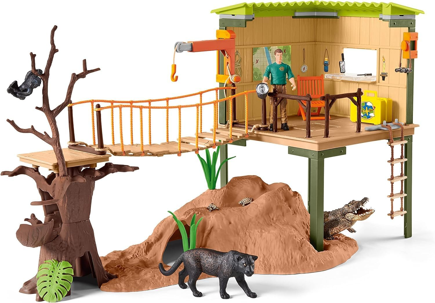 Schleich Wild Safari Animal Toys Playset - Ranger Adventure Station with Alligator, Tiny Turtles, Baby Monkey, and Black Panther, Figurines for Kids Both Boys and Girls Age 3 and above (42594)