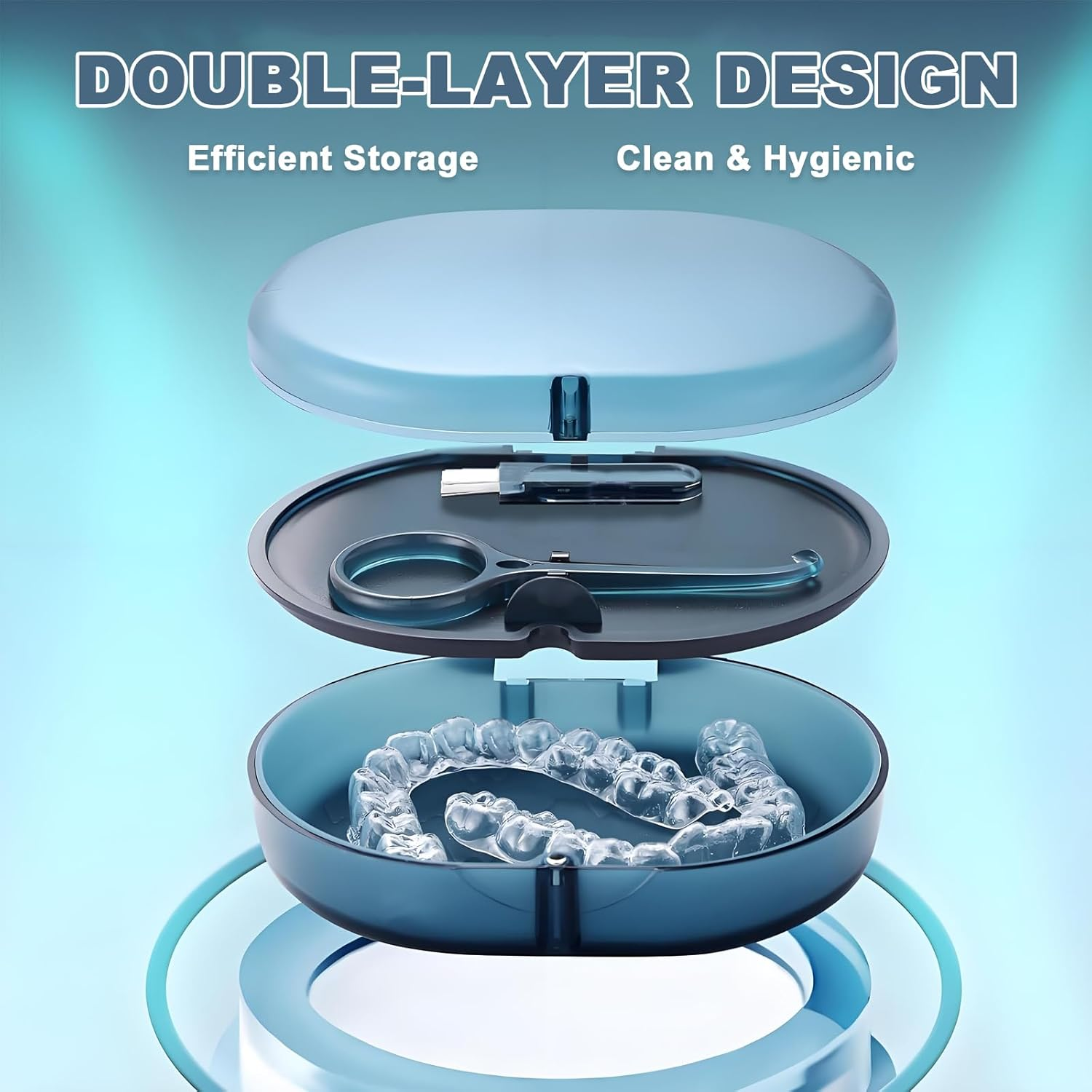 Checkzed Double-Layer Retainer Storage Case with Waterproof Removal Tool, Cleaning Brush, Built-In Mirror Orthodontic Retainer Case, Mouth Guard Case, Denture Case（Blue）