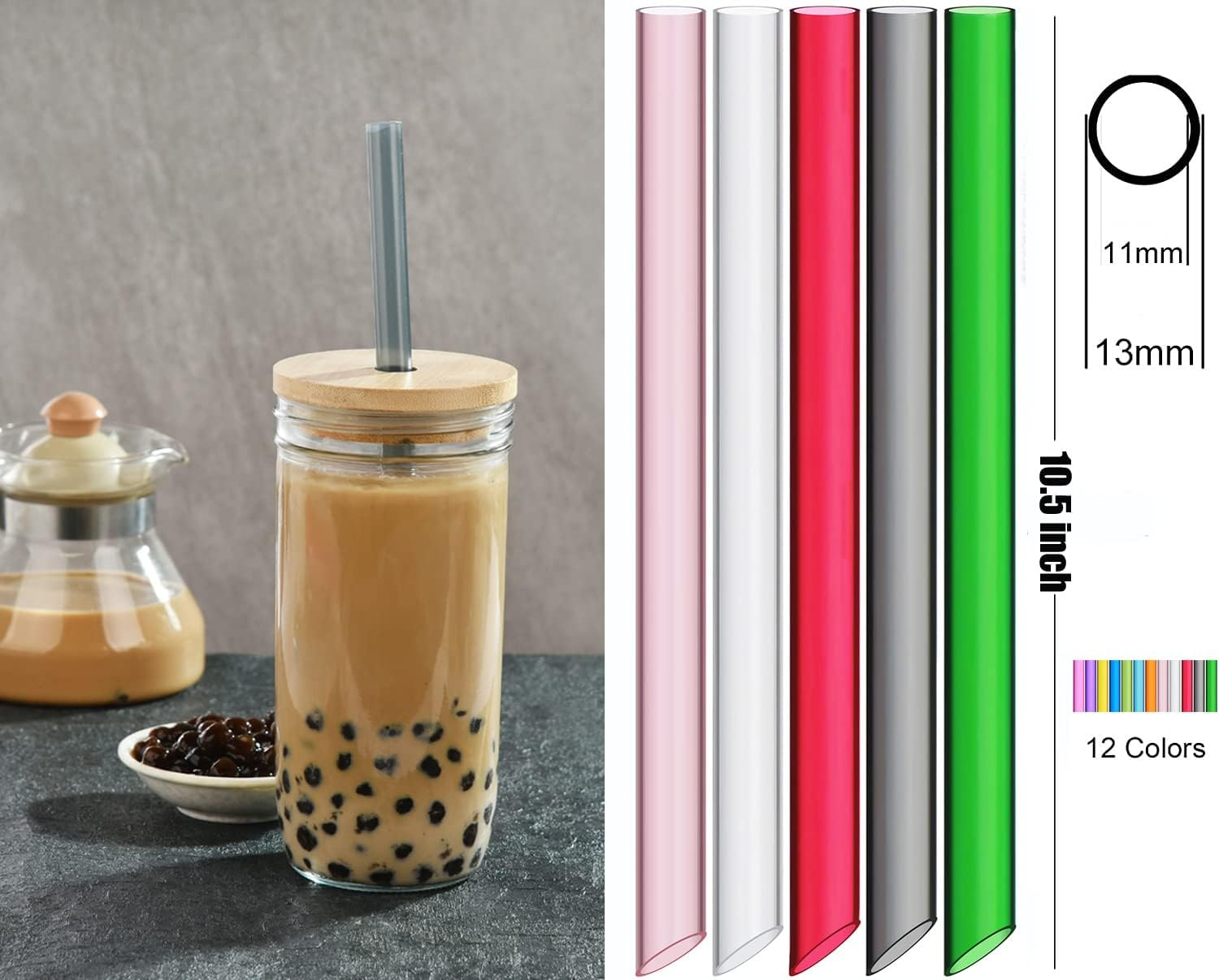 ALINK 12-Pack Reusable Plastic Boba Straws, 13 Mm X 10.5 Inch Long Wide Clear Smoothie Straws for Bubble Tea, Tapioca Pearls, Milkshakes with 2 Cleaning Brush - Pointed Design image number 5
