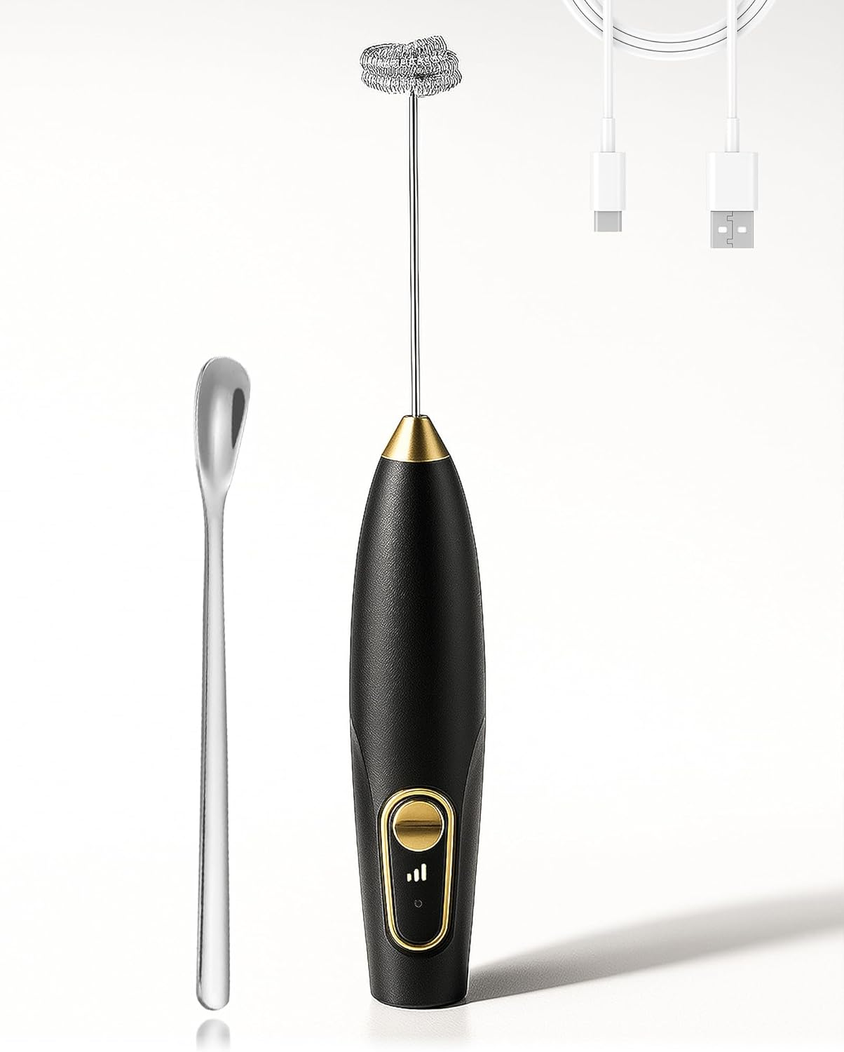 Handheld Milk Frother Rechargeable Powerful Double Whisk 3 Speed Settings Drink Mixer (White with Coffee Spoon)