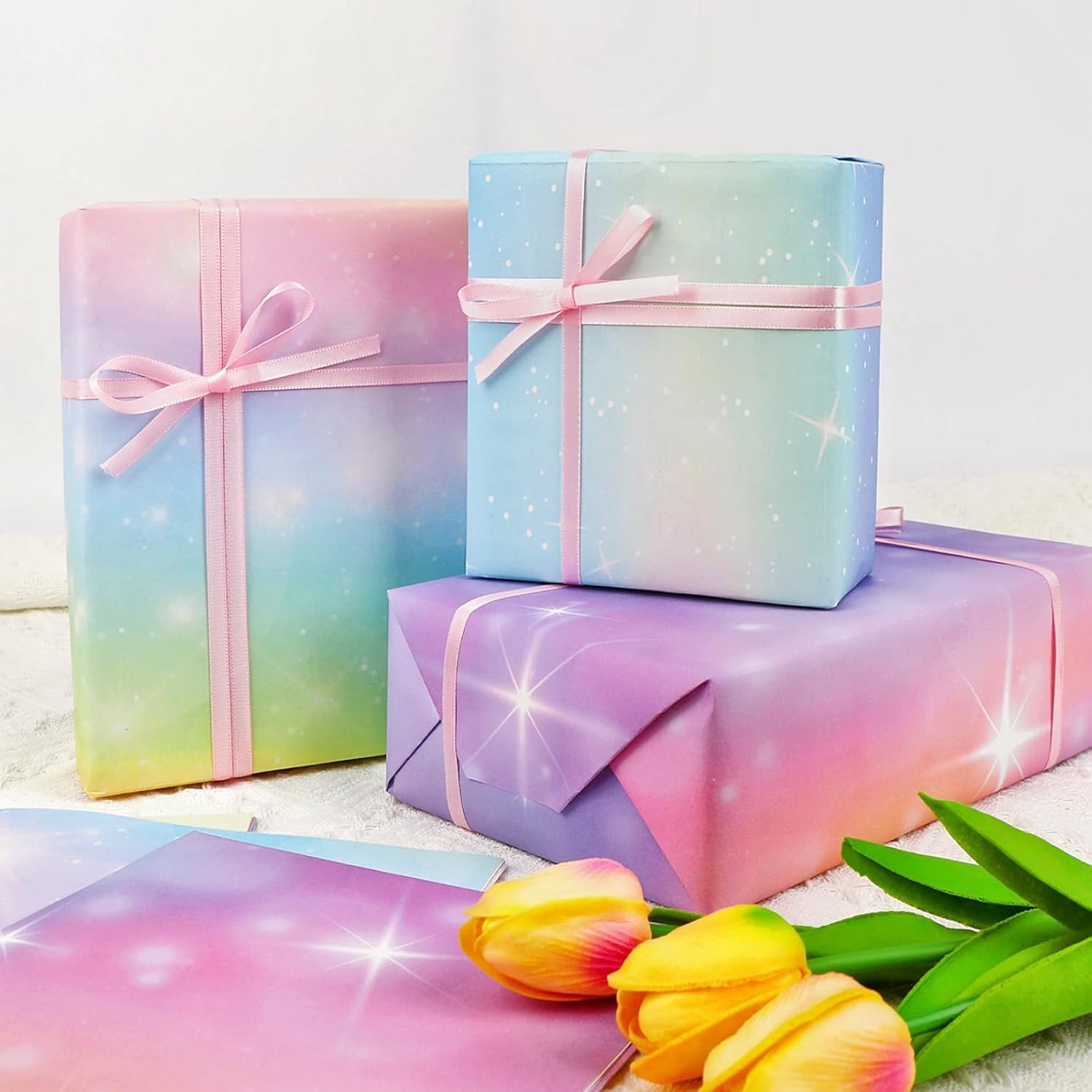 ZCOINS 6 Sheets Aurora Rainbow Gradient Wrapping Paper 70 X 50CM with Pink Ribbons ＆ Sticker, Pink Purple Dreamy Rainbow Starry Sky & Aurora Wrapping Paper Valentines Day Mothers Day Girls Women Gifts image number 4