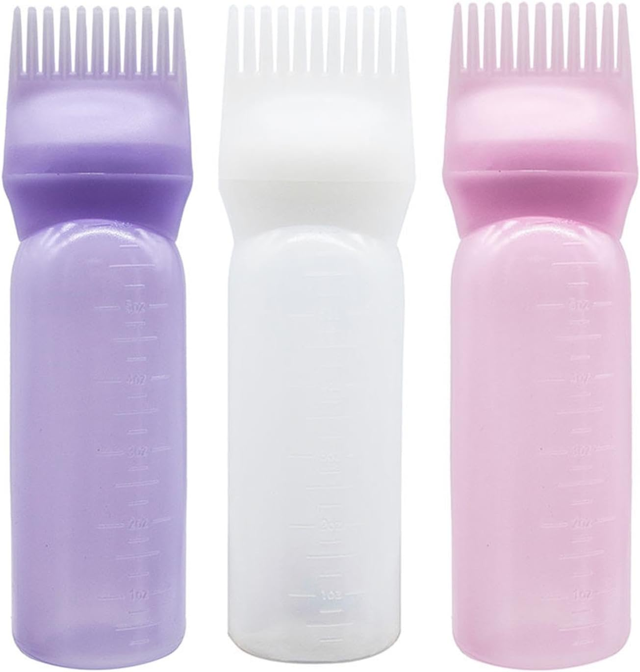 6PCS Large Capacity Root Comb Applicator Bottle, Hair Dye Brushroot Comb Squeeze Applicator Bottles for Hair Root Color with Graduated Scale(Color:Pink White Purple) image number 1