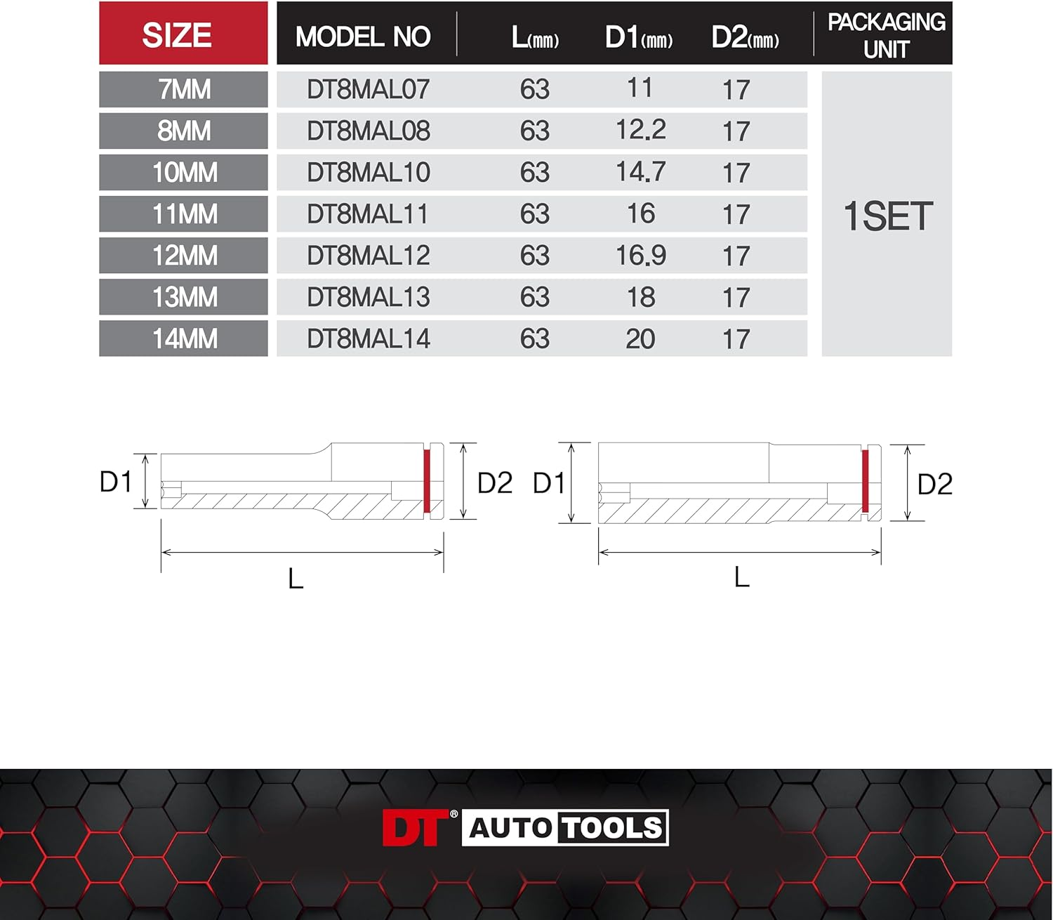 DT Auto Tools 3/8" Deep Magnetic Socket Set, 6-Point, 7-14Mm, 7 Pieces
