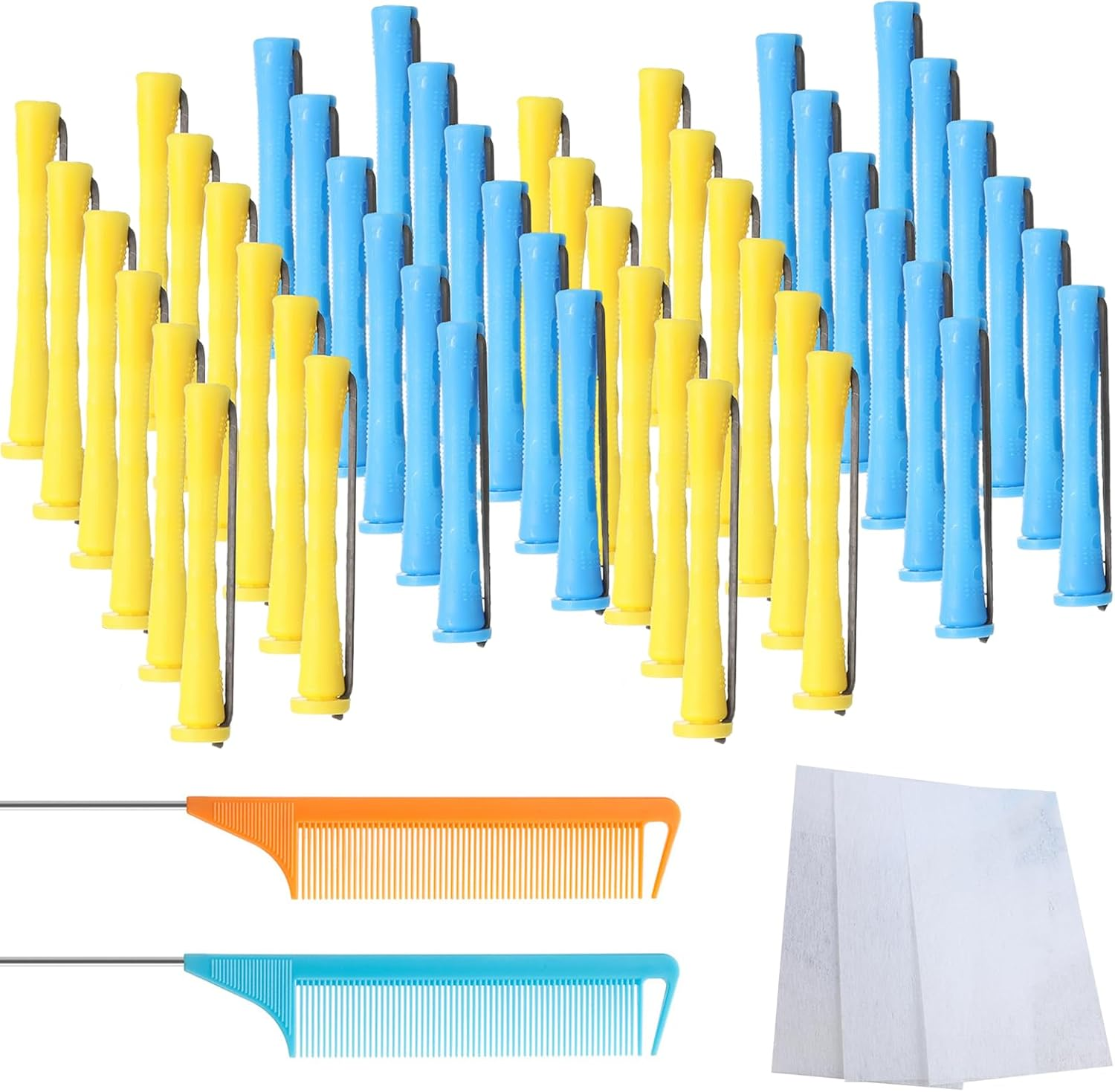 Set of 48 Perm Rollers, Small Curlers, Small Perm Set, Complete 0.35/0.27 Inch Hair Perm Rods, Perm Rods with Steel Spit Duck Comb for Long, Short Hair, Styling Tool, Blue/Yellow