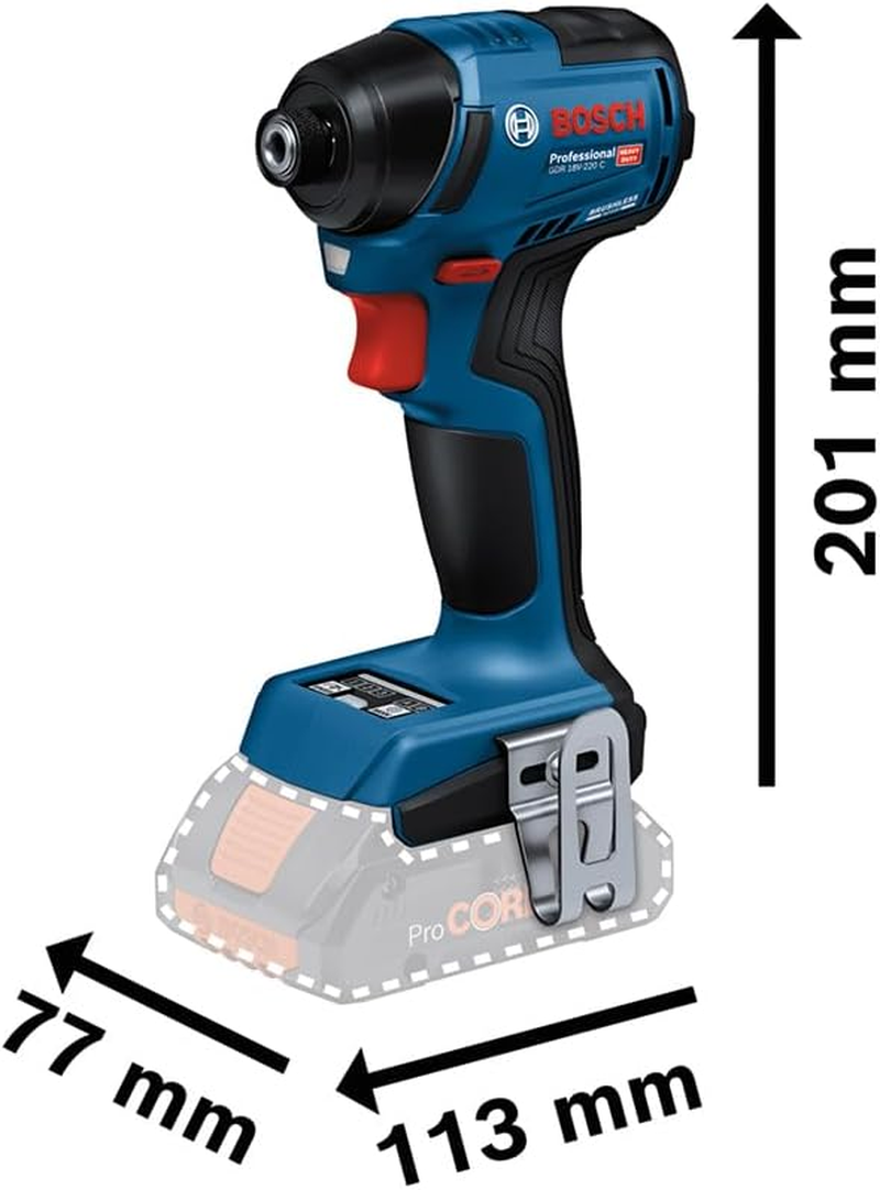 Bosch Professional 18V System Cordless Impact Driver GDR 18V-220 C (Up to 3,400 RPM, Torque of 220 Nm, Brushless Motor, without Batteries and Charger, Incl. 1 X Belt Clip, 1 X Bit Holder) image number 3