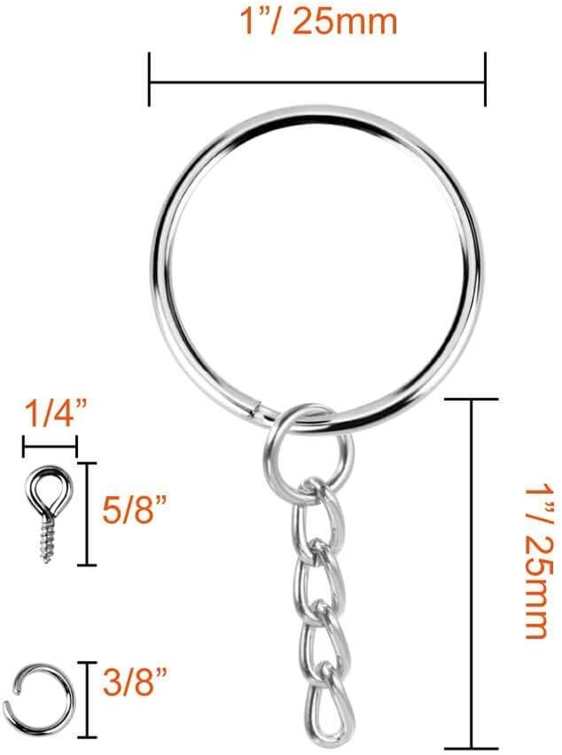 Onwon 100 Pieces Metal Split Key Ring 1 Inch / 25Mm with Chain and Open Jump Ring and Screw Eye Pins Nickel Plated Keychain Parts and Connector round Pendant Accessories for DIY