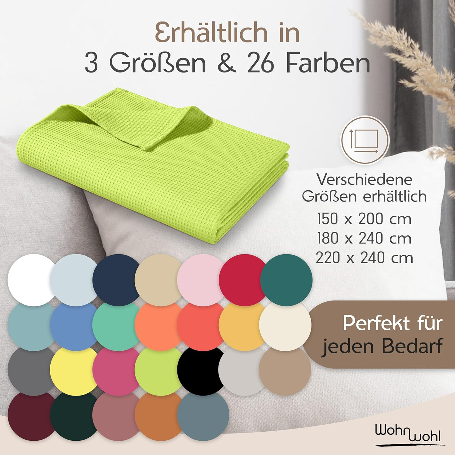 WOHNWOHL Bedspread 220 X 240 Cm &bull; Waffle Pique Lightweight Summer Blanket Made of 100% Cotton &bull; Airy Sofa Blanket Versatile &bull; Easy Care Blanket &bull; Cotton Blanket Colour: Green image number 1