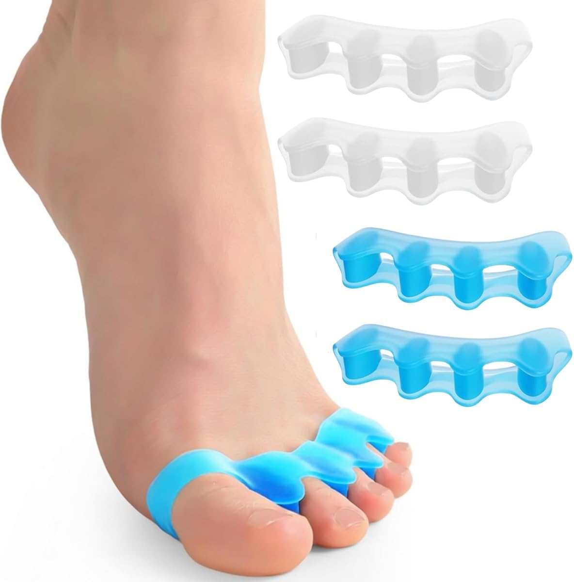 2 Pairs of Toe Separators,Ywbfove Soft Rubber Toe Extenders for Both Men and Women, for Bunions, Plantar Fasciitis, Hammer Toes, Claw Toes, Foot Pain in Both Women and Men (Blue/Transparent)