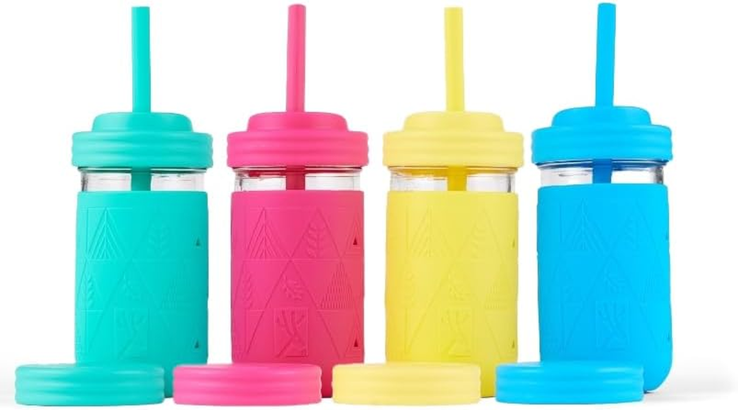 Elk and Friends 12Oz Glass Kids + Toddler Drinking Cups | the Original Mason Jars with Lids + Sleeves + Straws | Smoothie Cups | Spill Resistant | Dishwasher Safe | 4 Pack