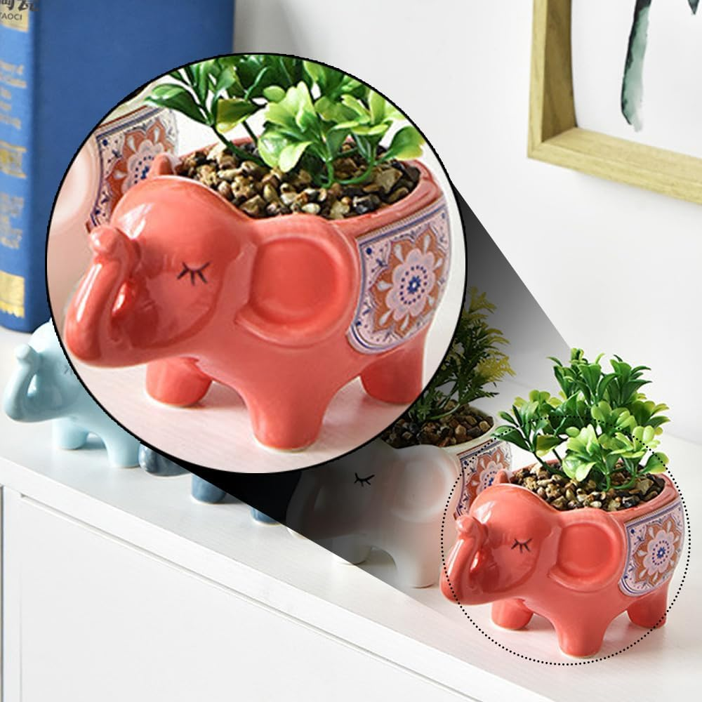 TOMVAES Elephant Ceramic Flower Pot,Cute Animal Indoor Flower Succulent Planter Modern White Ceramic Cactus Planter Pots for Home Garden Offices Desktop (Red) - White image number 7