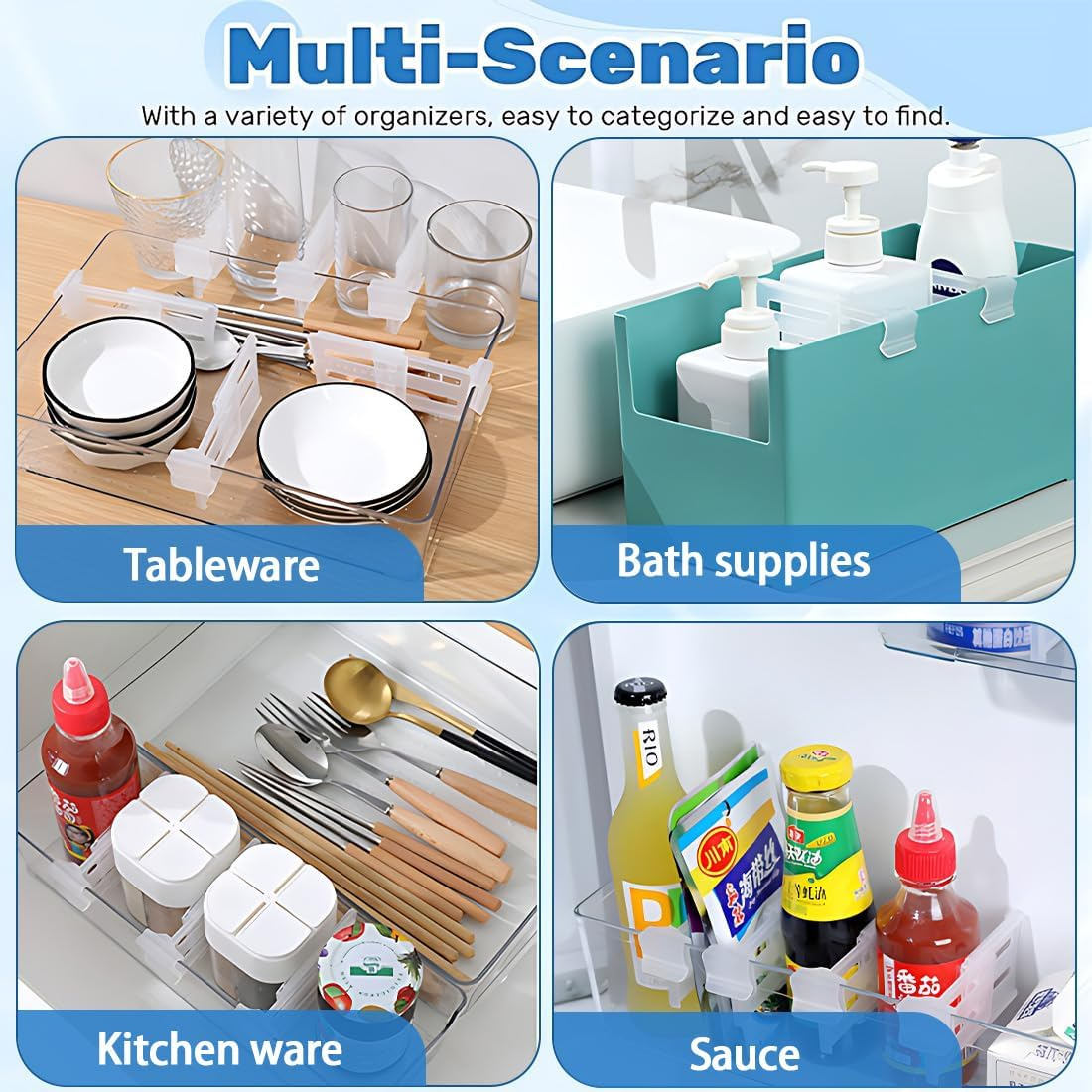 Fridge Organiser, Set of 16, Kitchen Storage Box, Organisation, Adjustable Drawer Insert, Extendable Drawers, Shelf Insert in Kitchen Cabinet for Kitchen, Fridge, Cabinets Shelf Insert for Cupboard