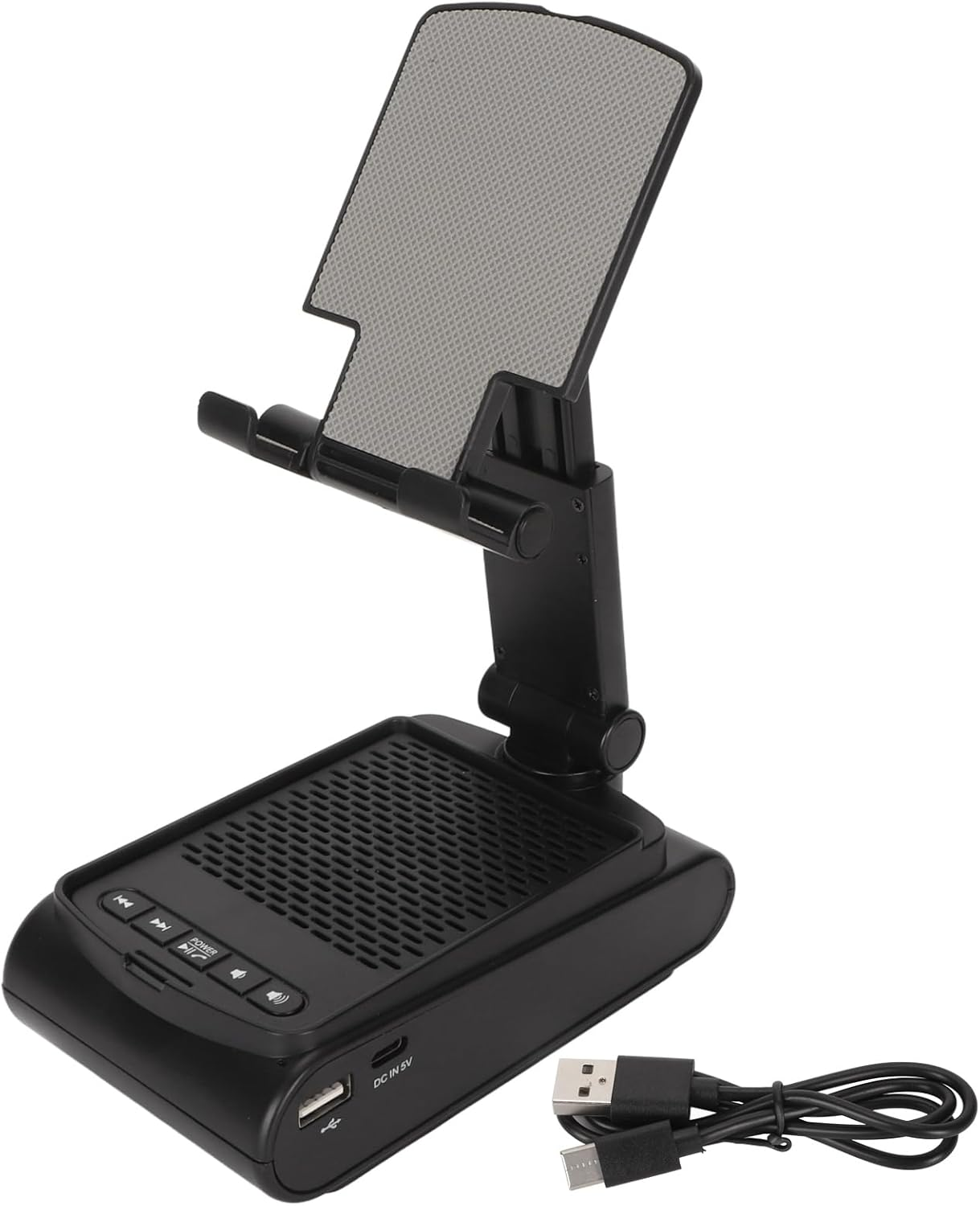 Asixxsix Cell Phone Stand with Wireless Speaker, anti Slip Foldable Adjustable Phone Tablet Holder Speaker HD Surround Sound with Charging Cable for Home Office Outdoor image number 2