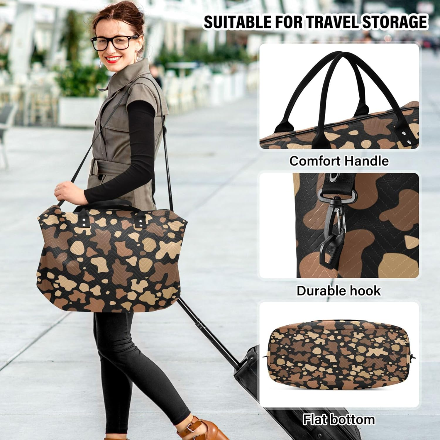 Large Bag Travel Tote Gym Bag Travel Weekender Gear Bag with Toiletry Bag for Hiking Multifunctional Brown Color Cowhide Frame Pattern, Multi, 1 Size, Multi, 1 Size image number 2