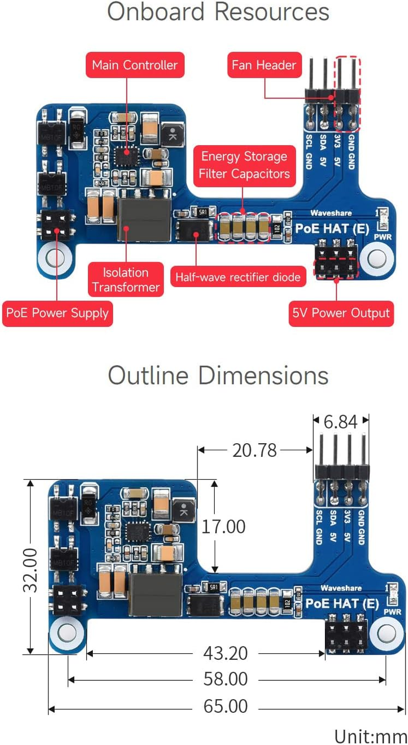 Waveshare POE Hat,Power over Ethernet HAT Type E Compatible with Raspberry Pi 3B+/4B 802.3Af-Compliant, Mini Body, More Space-Saving image number 4