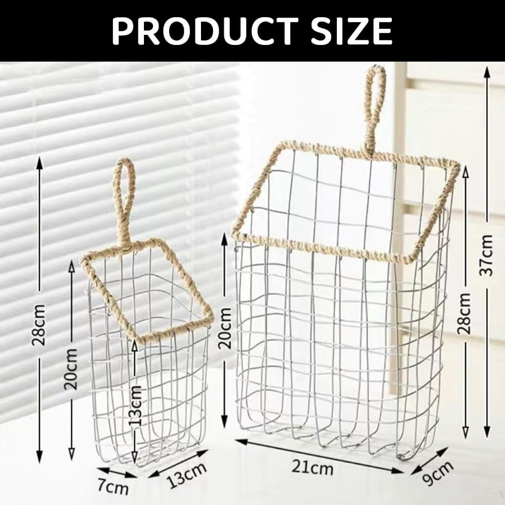 2 Pcs Hanging Wall Storage Baskets &ndash; Rustic Handwoven Wire Organizer for Kitchen, Bathroom, Pantry, Mail, Files image number 3