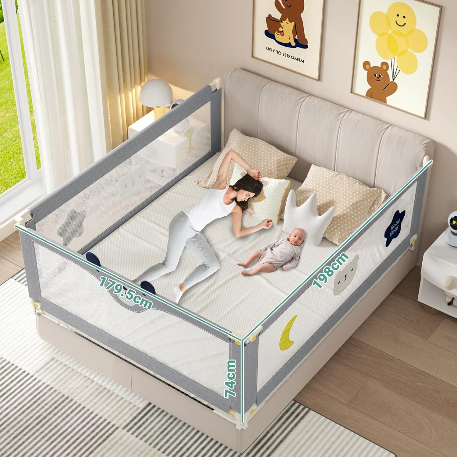 3Pcs Toddler Bed Rail, Cot Fence Barrier Adjustable Height Double Lock Foldable, Bedside Safety Protection Facilities, 179.5X198Cm Grey