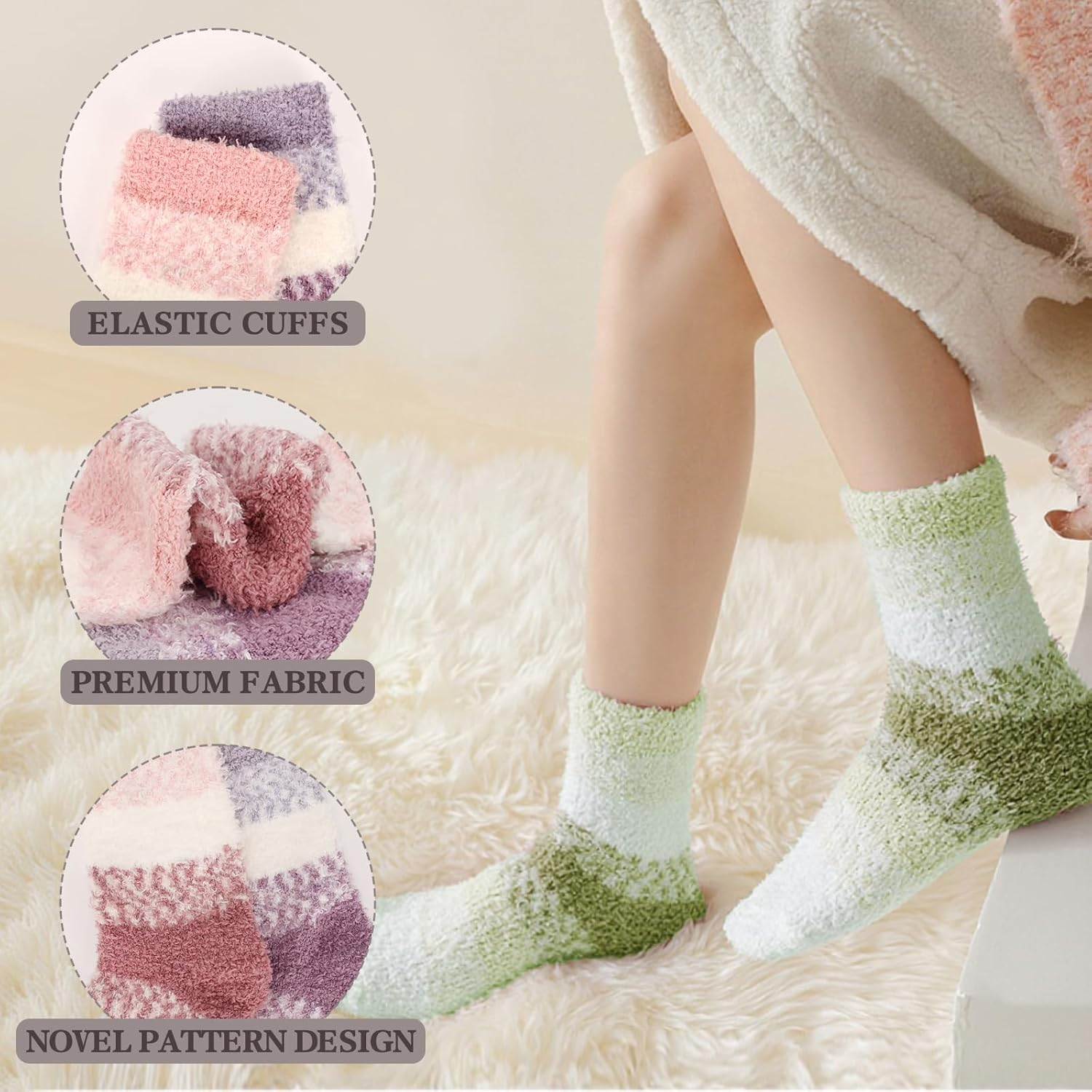 3 Pairs Women'S Fluffy Fuzzy Winter Warm Socks Soft Cozy Plush Slipper Socks for Cold Weather - Grey+Khaki+Navy image number 3