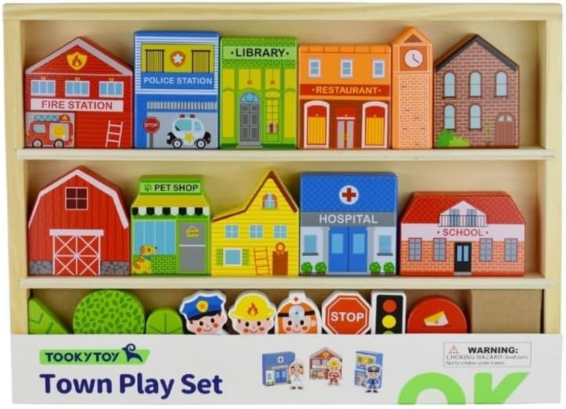 Tooky Toy Town Play Set in Wooden Case: Wooden Town Building and Figurines Pretend Play City Set image number 4
