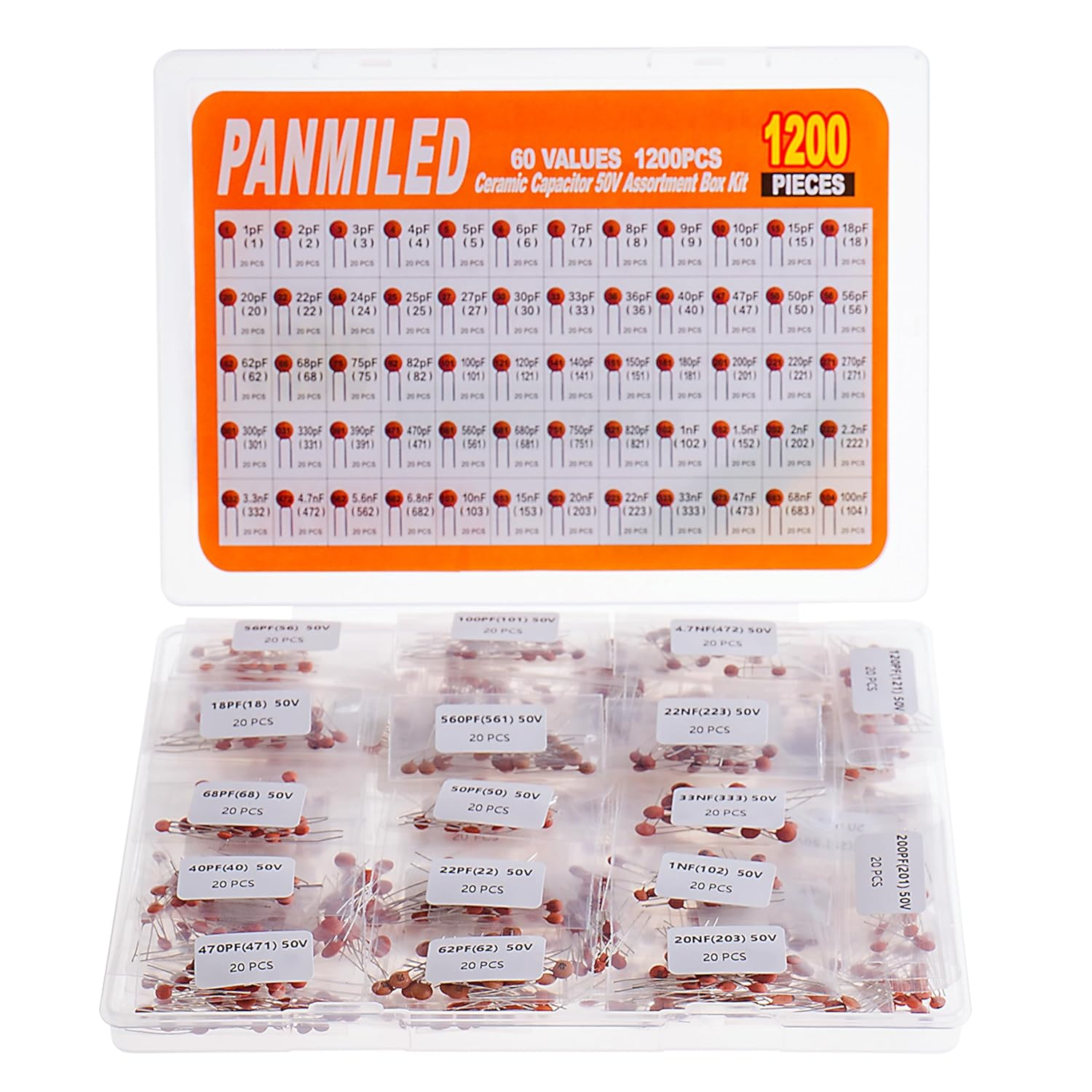 PANMILED 60 Values 1200 Pieces Ceramic Capacitor 1Pf-100Nf 50V Multilayer Monolithic Chip Capacitors Assortment Kit image number 4