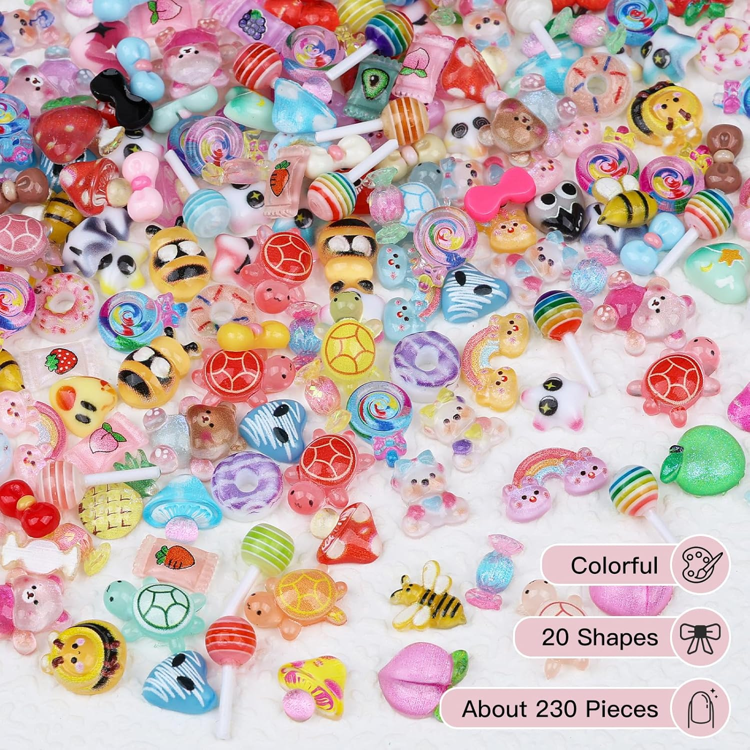 230Pcs Kawaii Nail Charms 3D Heart Candy Bow Charms Cute Turtle Bee Flatback Slime Charms 20 Shapes Assorted Nail Supplies for Women Girls Nail Art Design DIY Crafts image number 1