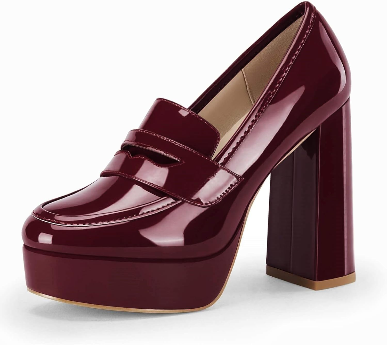 Womens Platform Heels Loafers Chunky High Heel Closed Toe Patent Leather Shoes Penny Loafer Business Dress Work Pumps image number 6