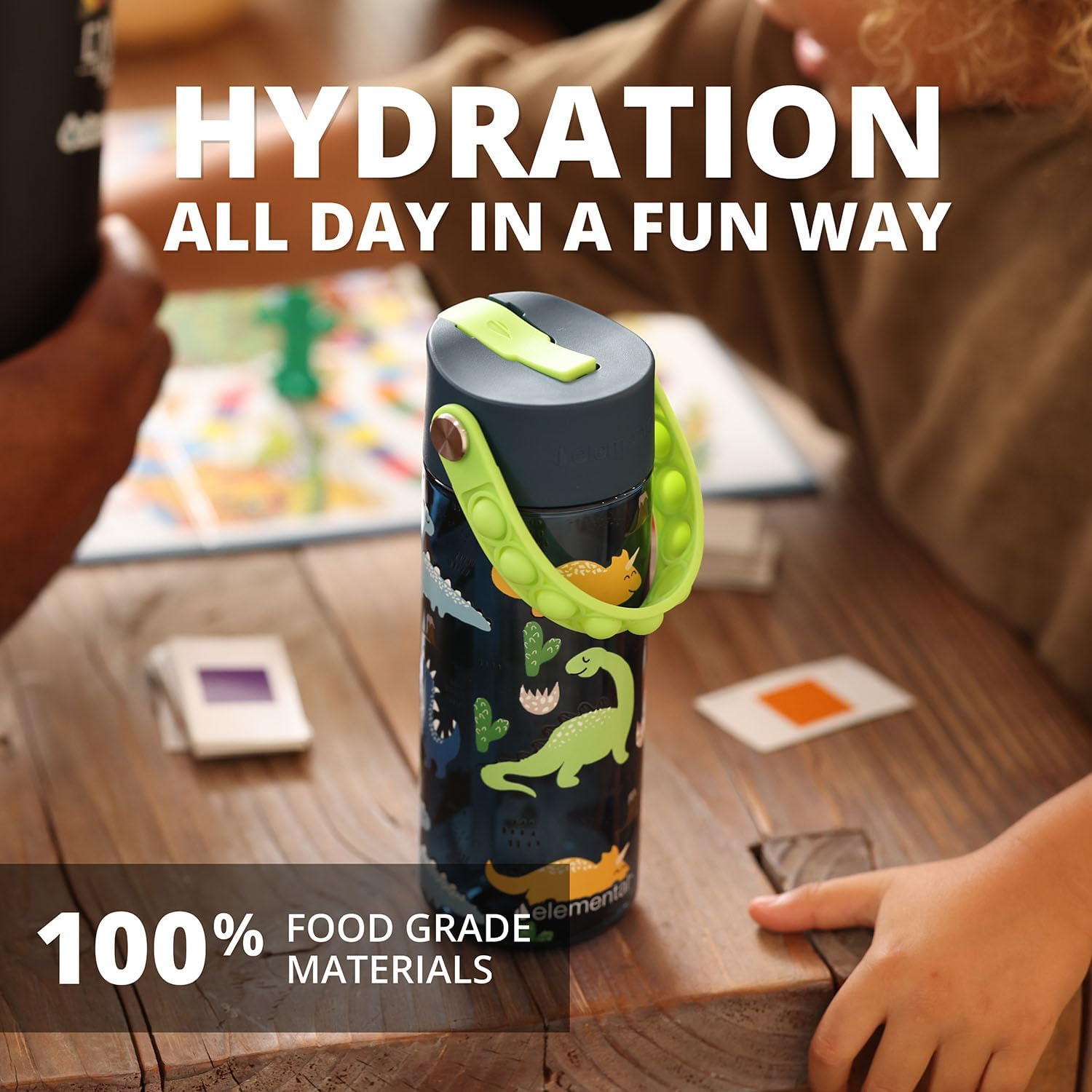 Elemental Kids Water Bottle - Leak Proof School Bottle with Straw & Pop-It Handle - Reusable Plastic Water Bottle - BPA Free, Dishwasher Safe Drink Bottle for Boys & Girls - 532Ml - Dinosaur