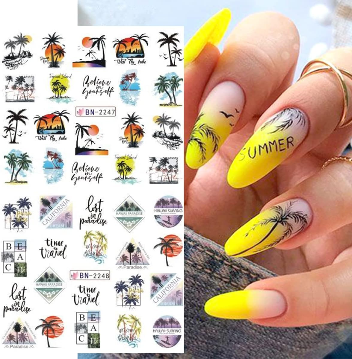 Coconut Trees Nail Art Stickers Summer Beach Nail Decals Stickers for Nail Art Plam Tree Tropical Style Nail Art Water Transfer Decals Sliders for Summer Nails Art Decoration Supplies Manicure Tips image number 5