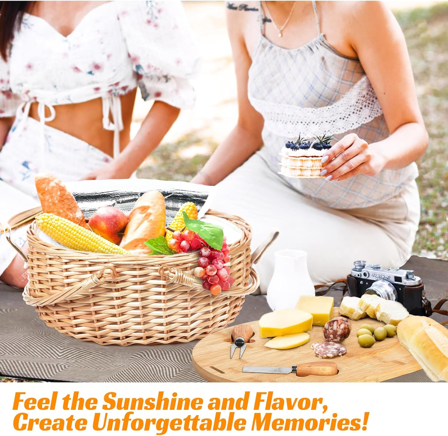 Hap Tim Dual Wicker Picnic Basket Set with Blanket for 2 - Unique Gifts Ideas for Couple, Engagement, Wedding, Bridal Shower, Family, Christmas - White Elephant Gifts for Adults（Au2408A-2）