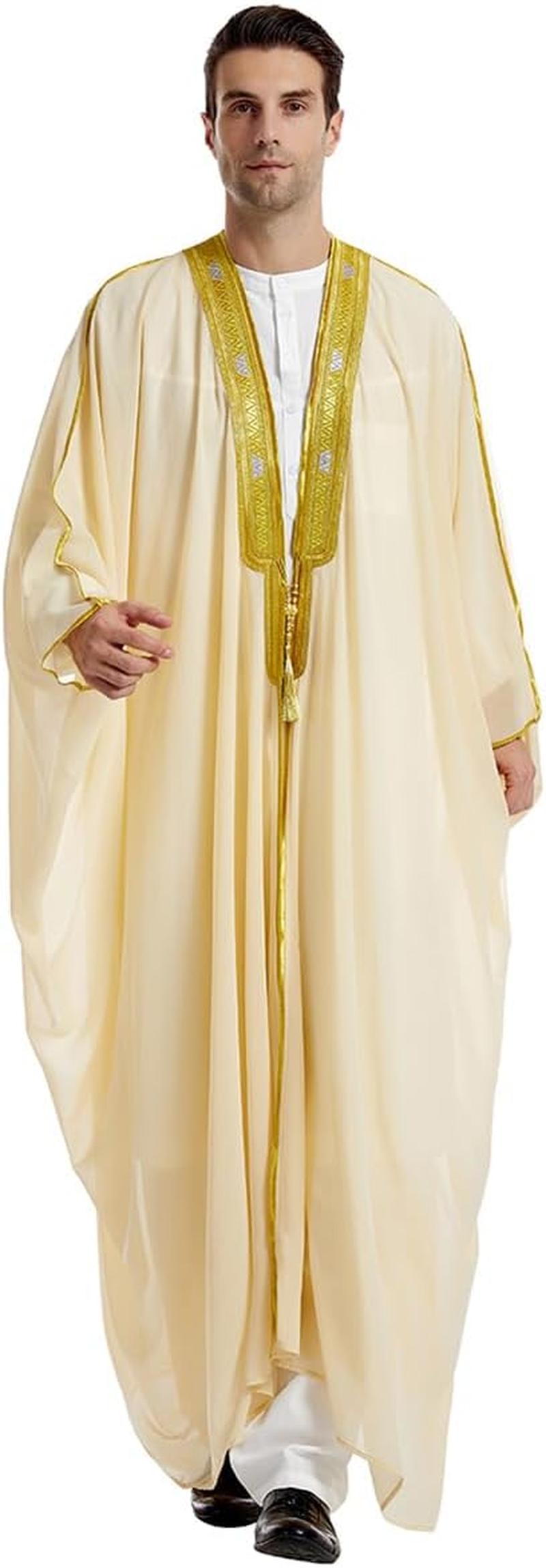 FYMNSI Men'S Robe Muslim Clothes Kimono Loose Abaya Dresses Long Sleeve Embroidered Chiffon Kaftan Casual Formal Dubai Thobe