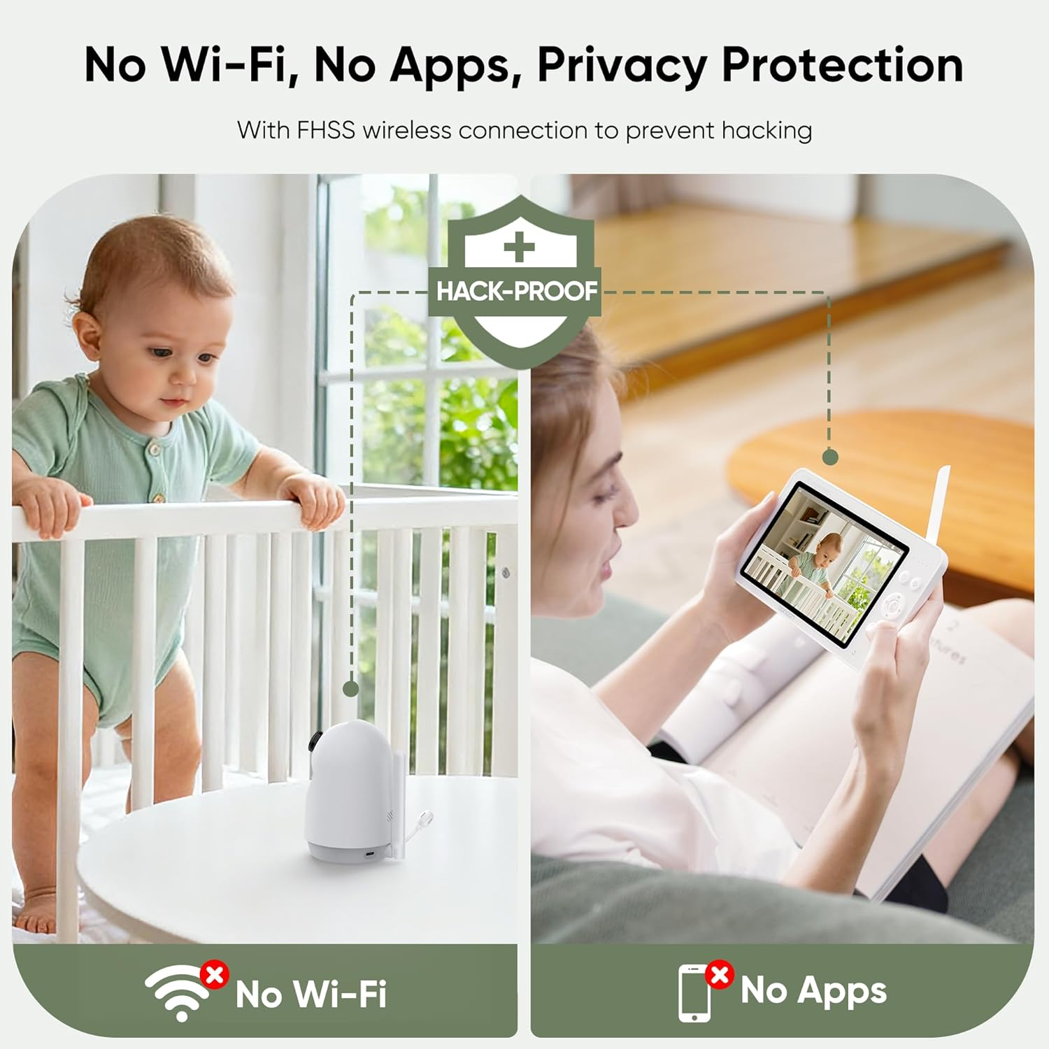 Bonoch 7" 1080P Baby Monitor with Camera and Night Vision, Video Baby Camera Monitor No Wifi with 6000Mah Battery, 2-Way Talk, Temperature, Hack Proof, Remote PTZ, 3 White Noise & 5 Lullabies image number 2