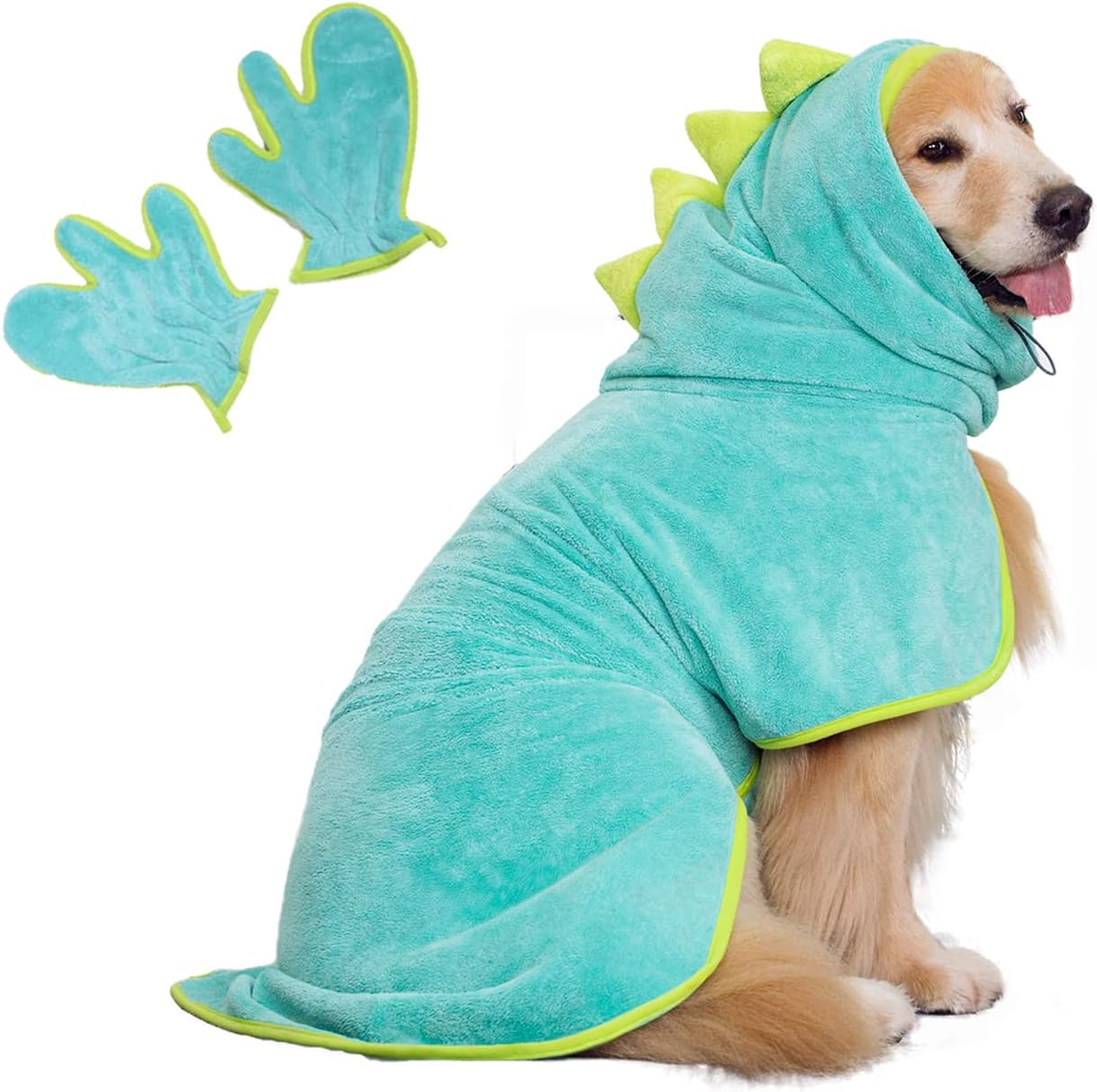 Pawyee Super Soft Fast-Drying Dog Towel with Drying Gloves for Cold Weather, Beach, Pool - Adjustable Microfiber Bath Robe Set (2 Pcs) for Cats and Dogs (X-Large, Blue Dino) image number 3