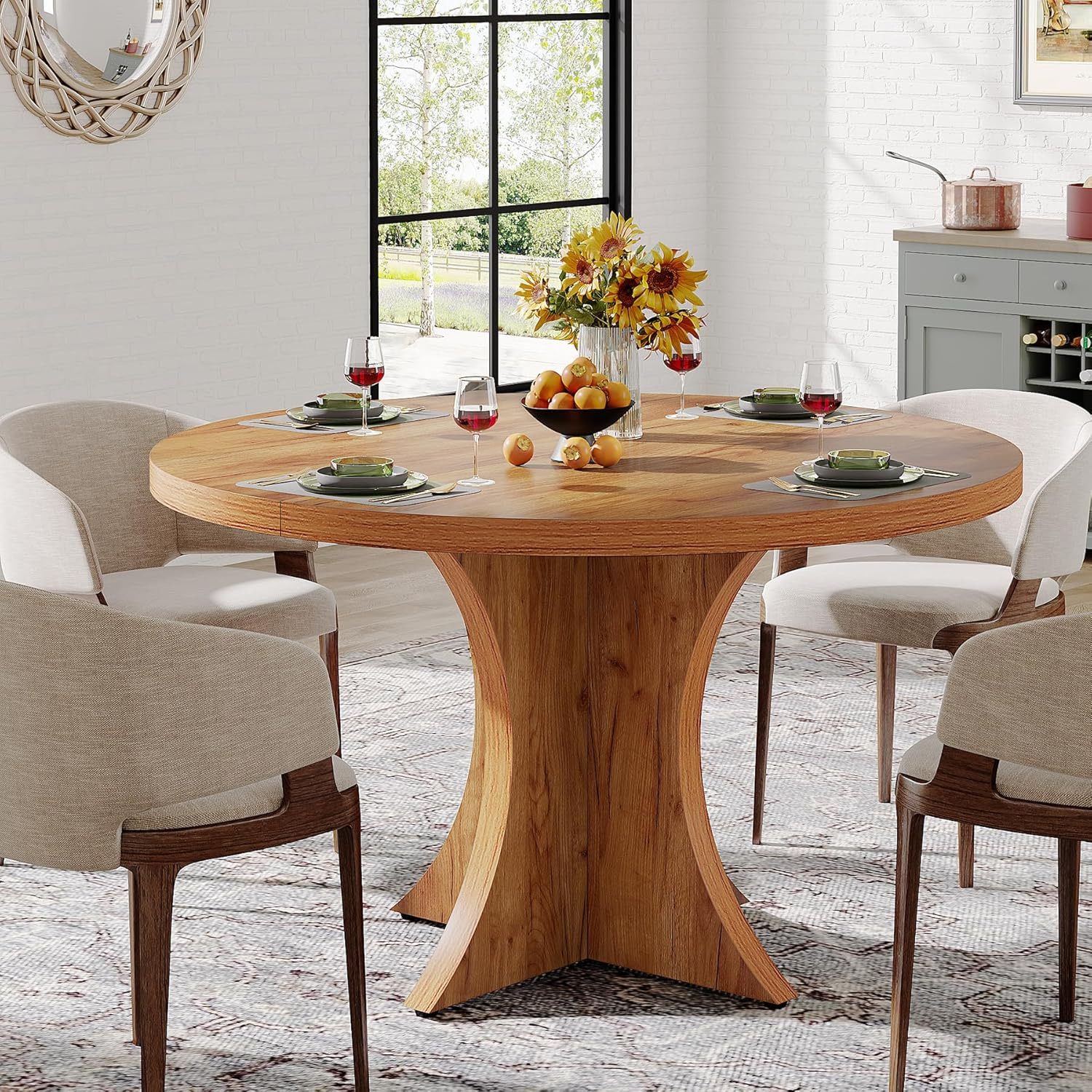 Tribesigns 120Cm round Dining Table for 4-6, Farmhouse Kitchen Table, Wood Dining Table with Pedestal Base, Small Dinner Table for Dining Room,Living Room, Small Space, Brown image number 2