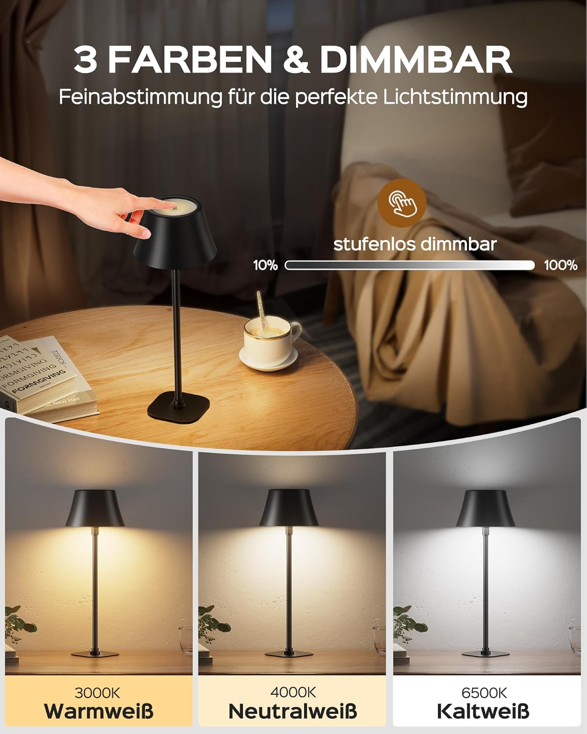 JACKYLED Wireless Table Lamp, 7 Heights, Adjustable, 3 Colour Temperatures, Dimmable, Rechargeable with 5000 Mah Battery, Portable LED Waterproof Table Lamp for Dining Room, Bedroom image number 3