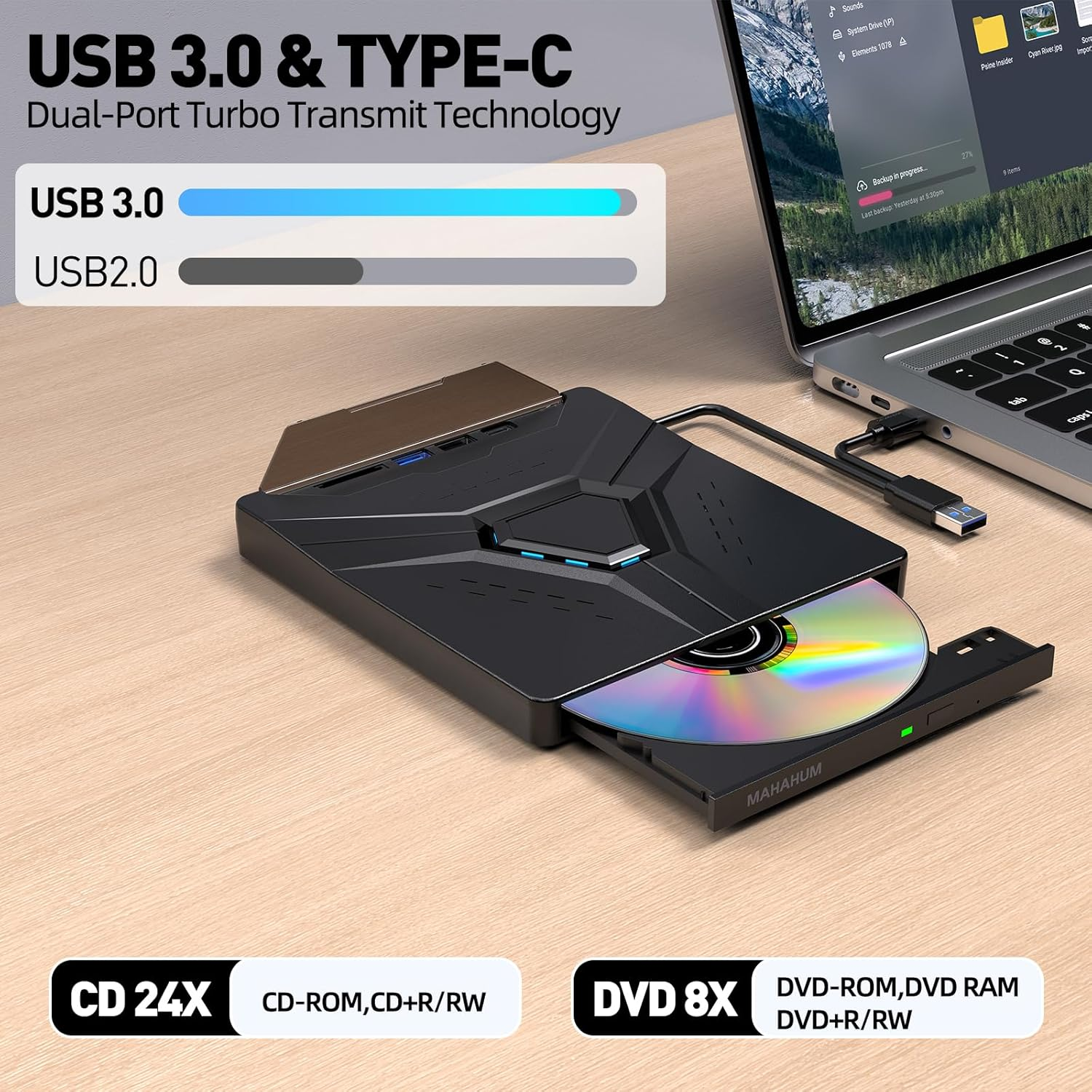 MAHAHUM External CD/DVD Drive for Laptop,8-In-1 Plug & Play USB DVD Drive DVD Player Portable CD Burner External Disk Drive Compatible with Desktop PC Windows 11/10/8 Linux Mac OS Mac Macbook Pro/Air image number 1