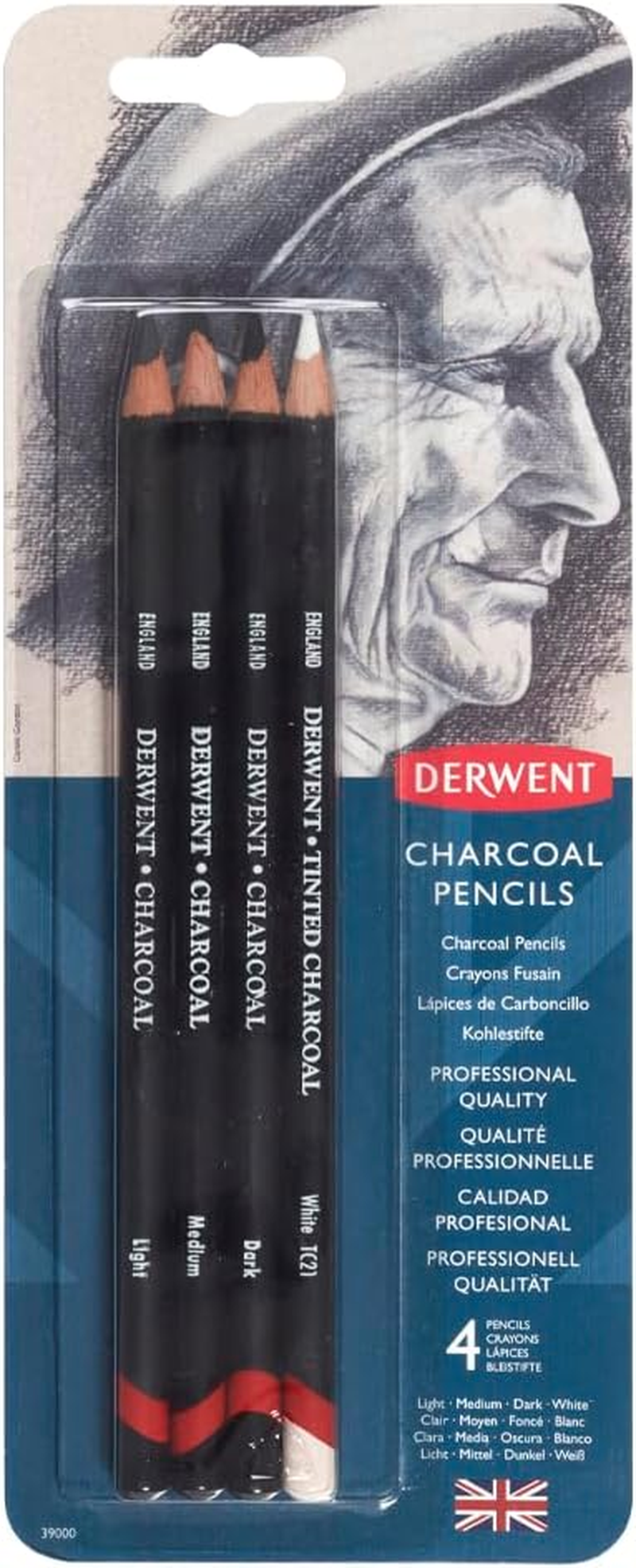 Derwent Charcoal Drawing Pencils, Set of 4, Light, Medium, Dark & Tinted Charcoal White, Professional Quality, 39000
