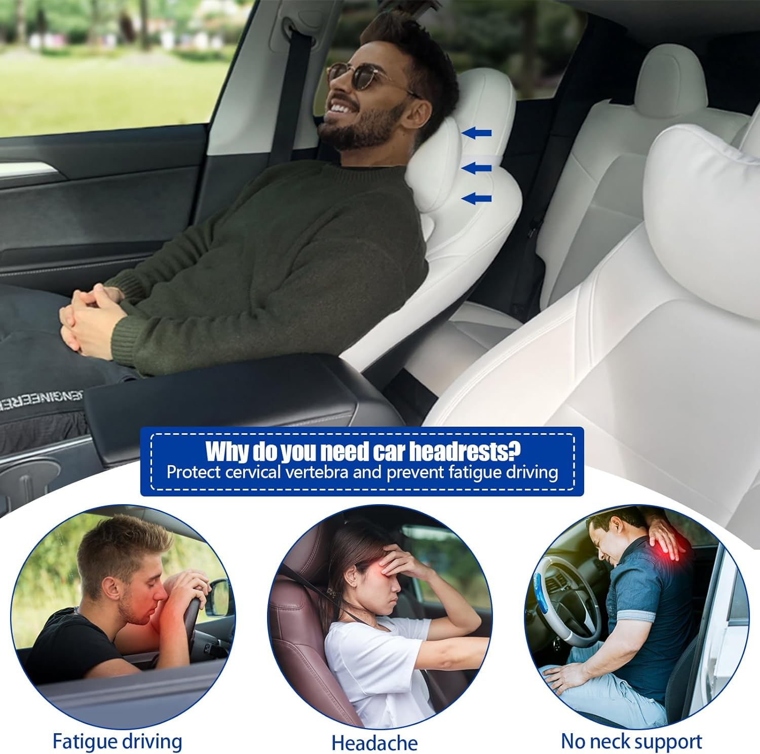 Car Neck Pillow for Tesla Model Y/3/S/X Seat Headrest Pillow Comfy Leather Breathable Head Rest Neck Support Cushion for Neck Pain Relief and Cervical Support (White) - Black image number 7