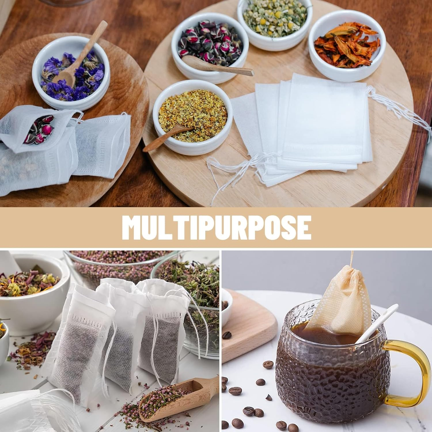 Disposable Tea Filter Bags, 3.1 * 4.7Inch Loose Tea Bags, 200Pcs Drawstring Seal Filter Bags for Loose Tea, Coffee, Herb Lavender, DIY Spice Seasoning (White) image number 3