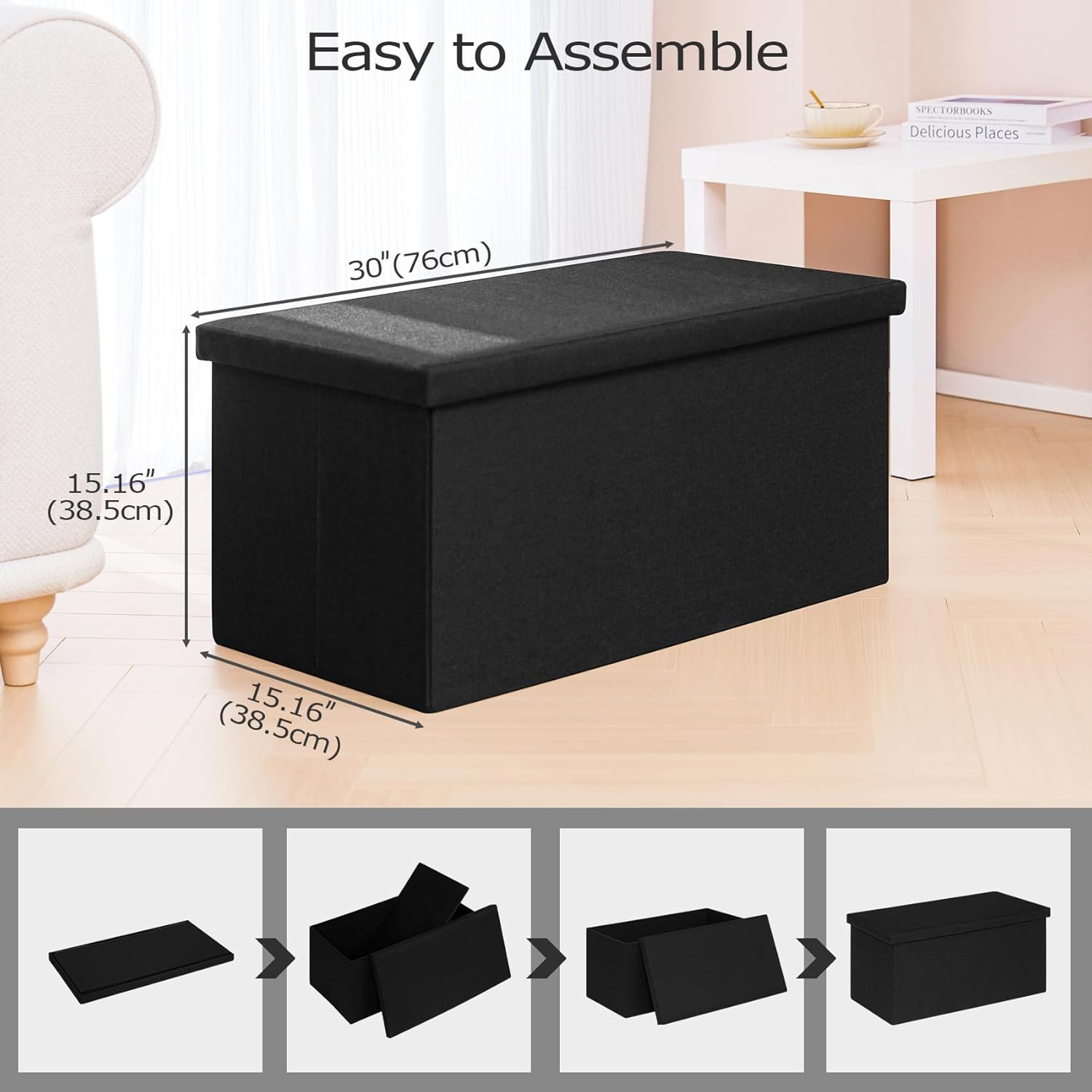 PINPLUS Folding Storage Bench, 30 Inches Ottoman Coffee Table Cube Chair Foot Rest Stool Storage Toy Chest for Living Room Bedroom, Holds up to 550 Lb (Black) - Gray image number 5