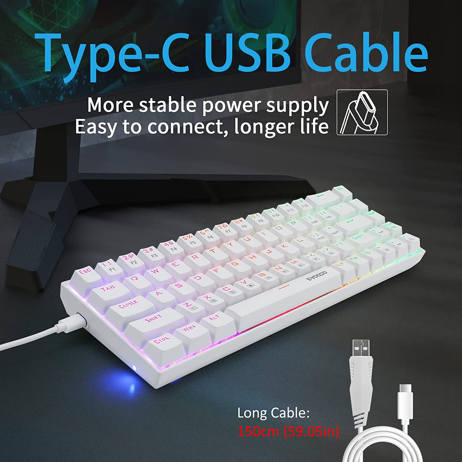 HUO JI Portable 65% Mechanical Gaming Keyboard, E-YOOSO Z-686 Customizable Per-Key RGB Backlit, Compact 68 Keys Mini Wired Office Keyboard with Red Switch for Windows Laptop PC Mac - White image number 4